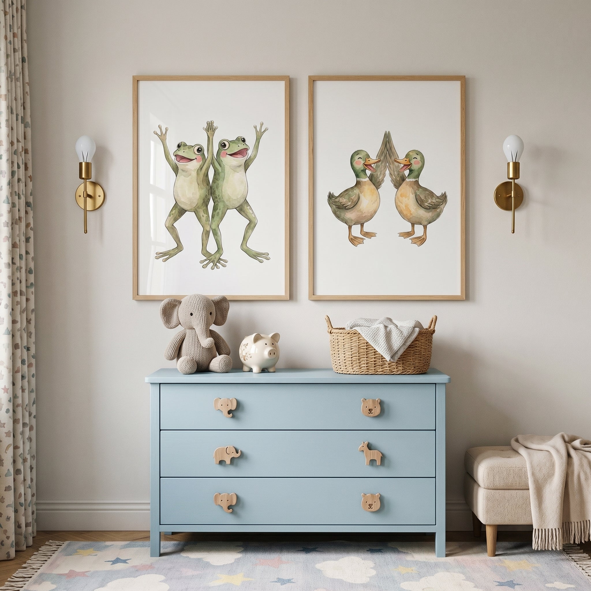 Neutral Watercolor Animal Pair Wall Art Set of 2 - Happy Pond Pals