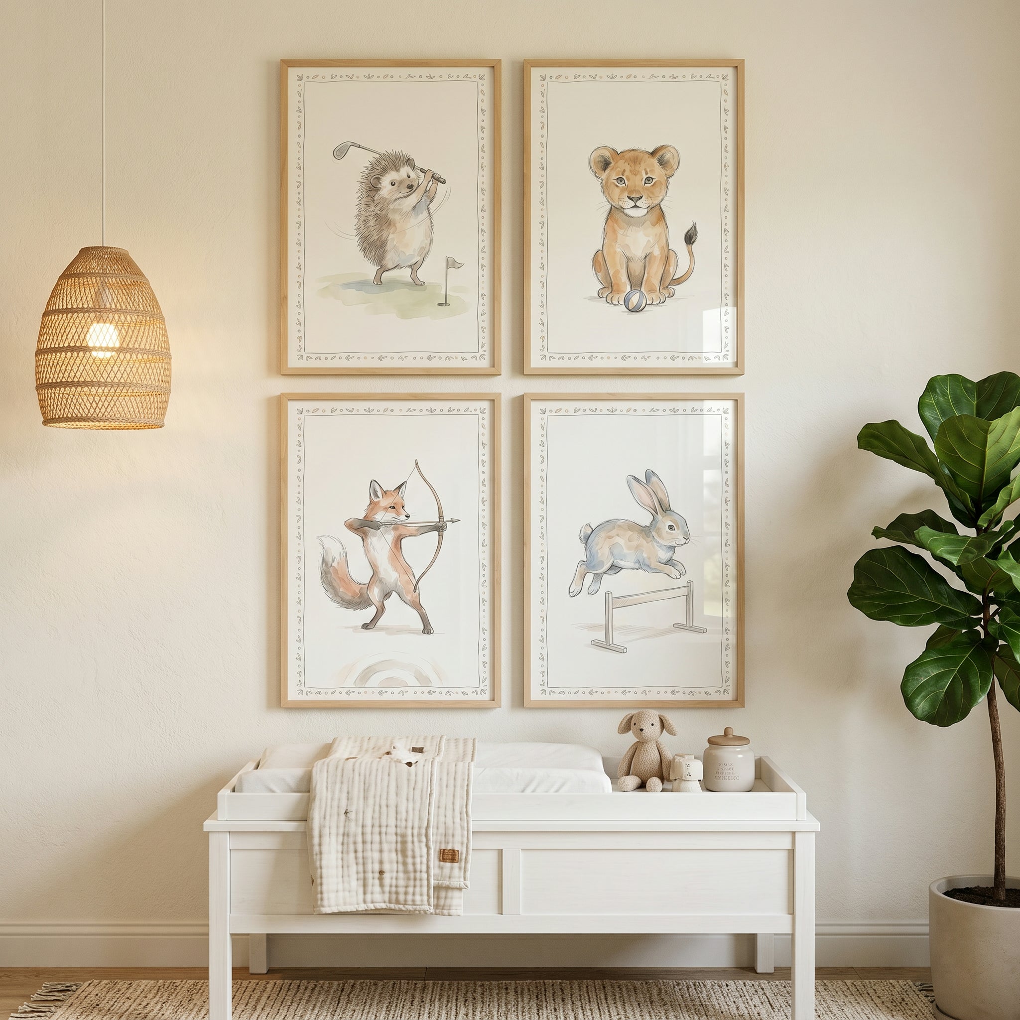 Neutral Watercolor Athletic Animal Wall Art Set of 4 - Little Sporty Friends