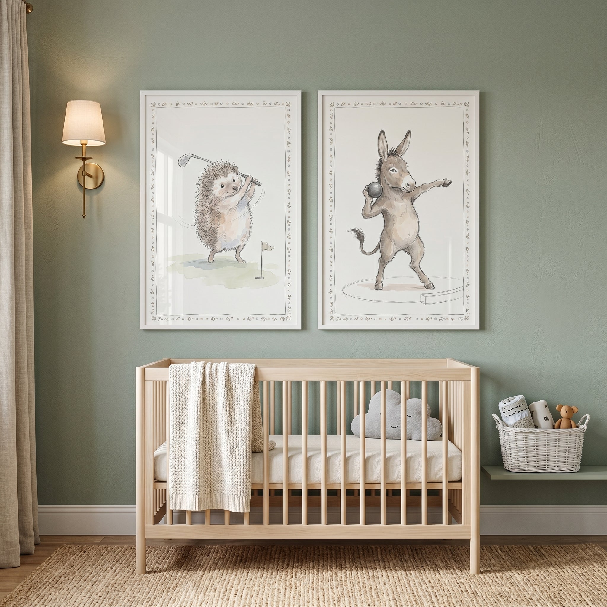 Neutral Watercolor Athletic Animals Wall Art Set of 2 - Playful Forest Sports