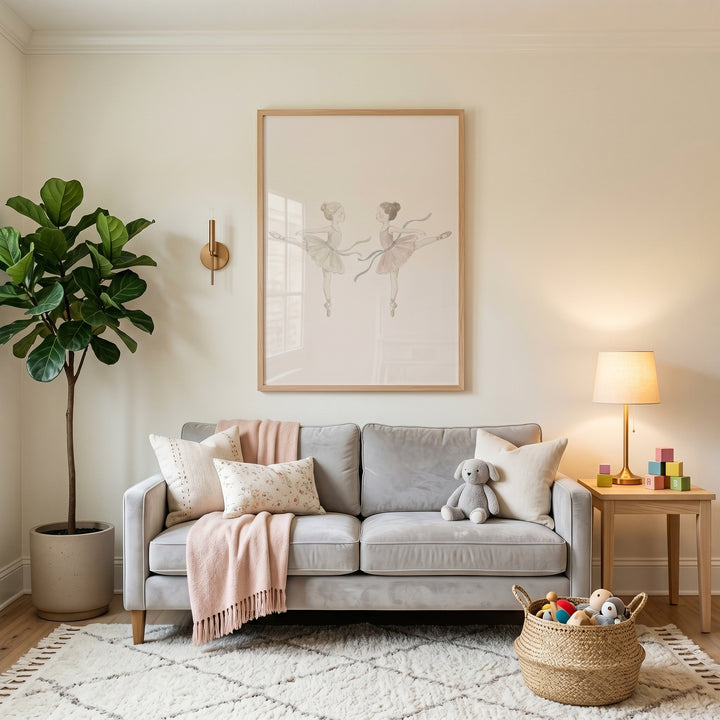Neutral watercolor ballerina wall art hangs above a gray sofa with pink accents, a tall plant, and a toy basket.