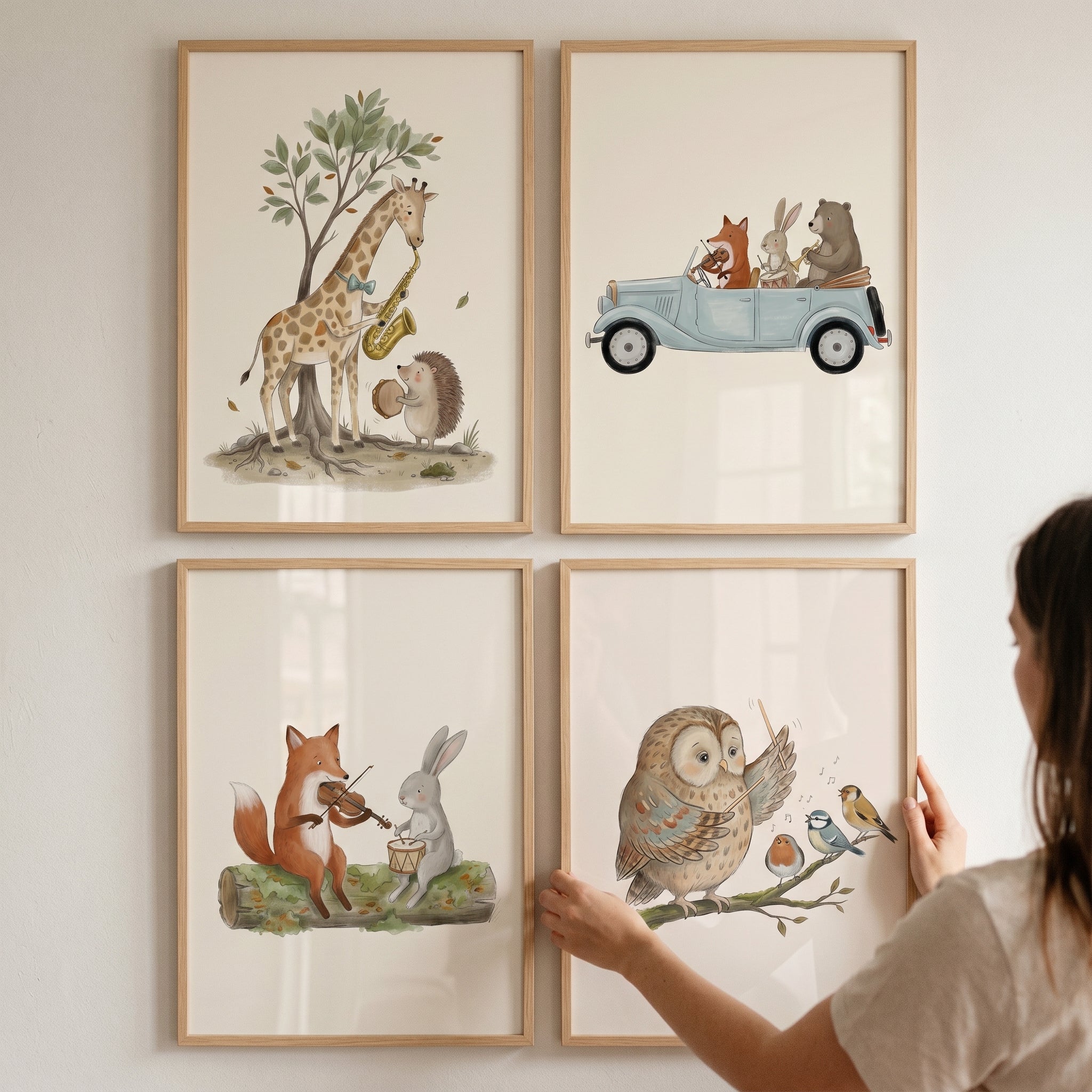 Neutral Watercolor Band Animal Wall Art Set Of 4 - Woodland Music Band