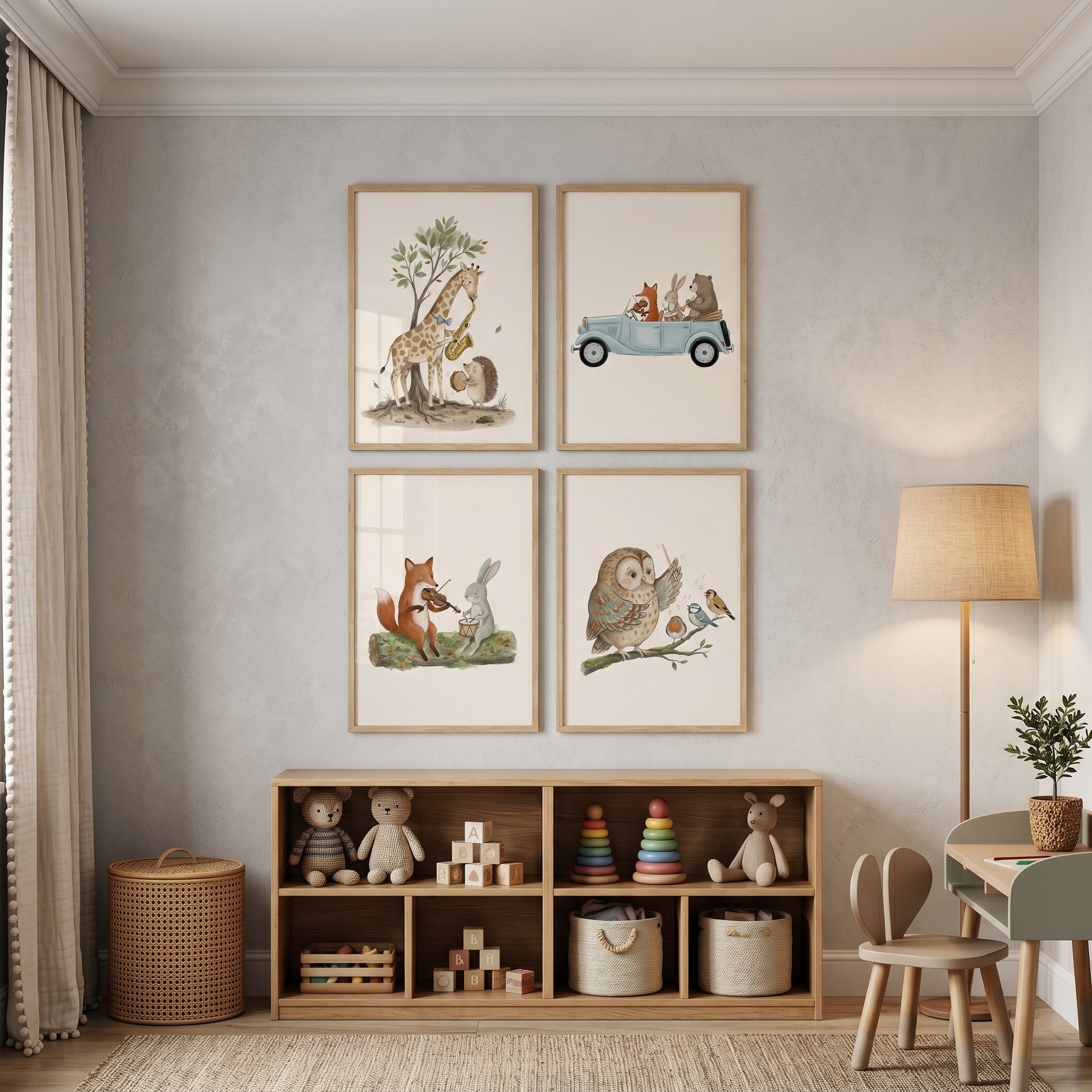 Neutral Watercolor Band Animal Wall Art Set Of 4 - Woodland Music Band