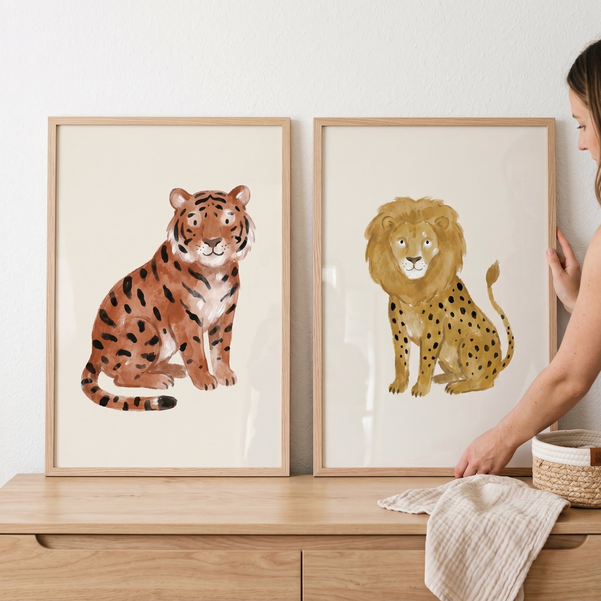 Neutral Watercolor Big Cat Wall Art Set of 2 - Spotted Jungle Pair