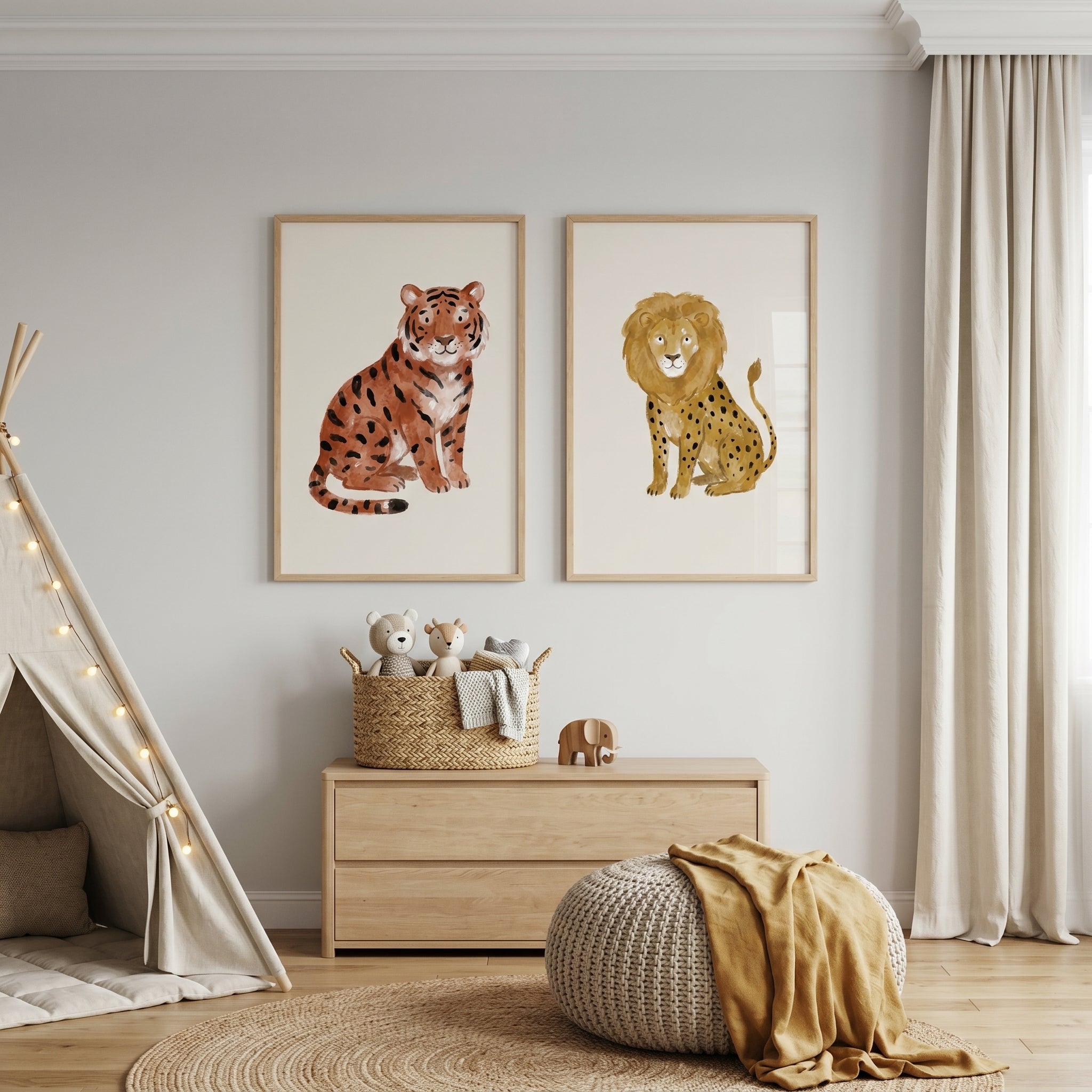 Neutral Watercolor Big Cat Wall Art Set of 2 - Spotted Jungle Pair
