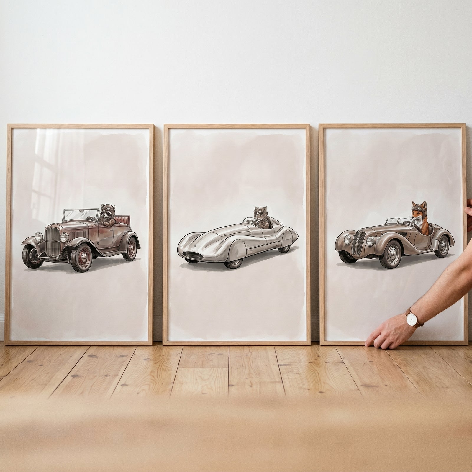 Neutral watercolor driving animal wall art set of 3 featuring a raccoon, cat, and fox in vintage cars.