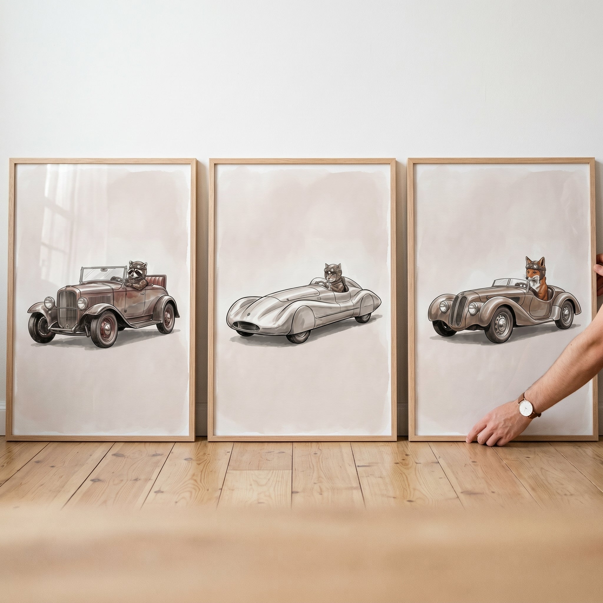 Neutral Watercolor Driving Animal Wall Art Set of 3 - Retro Forest Drivers