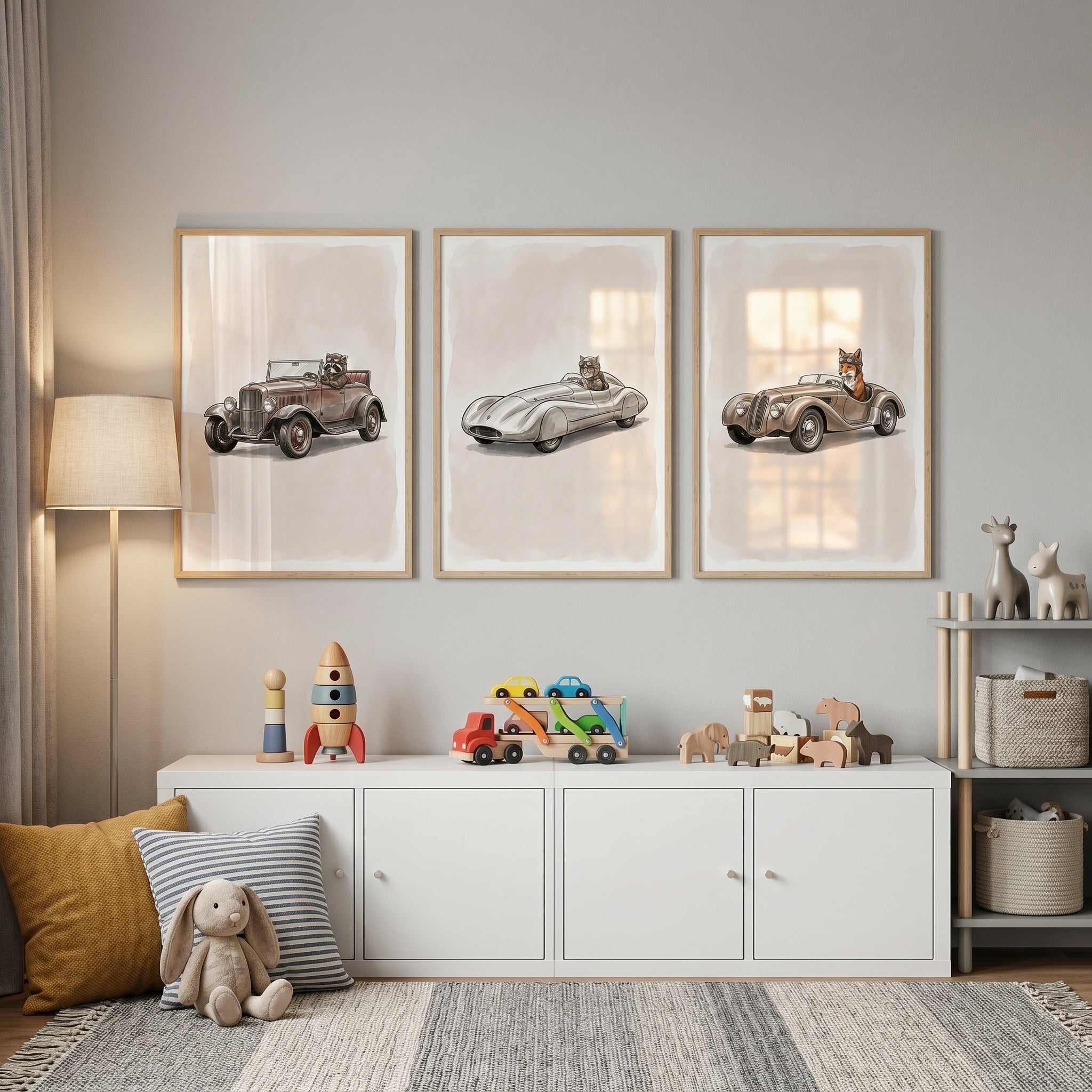 Neutral Watercolor Driving Animal Wall Art Set of 3 - Retro Forest Drivers