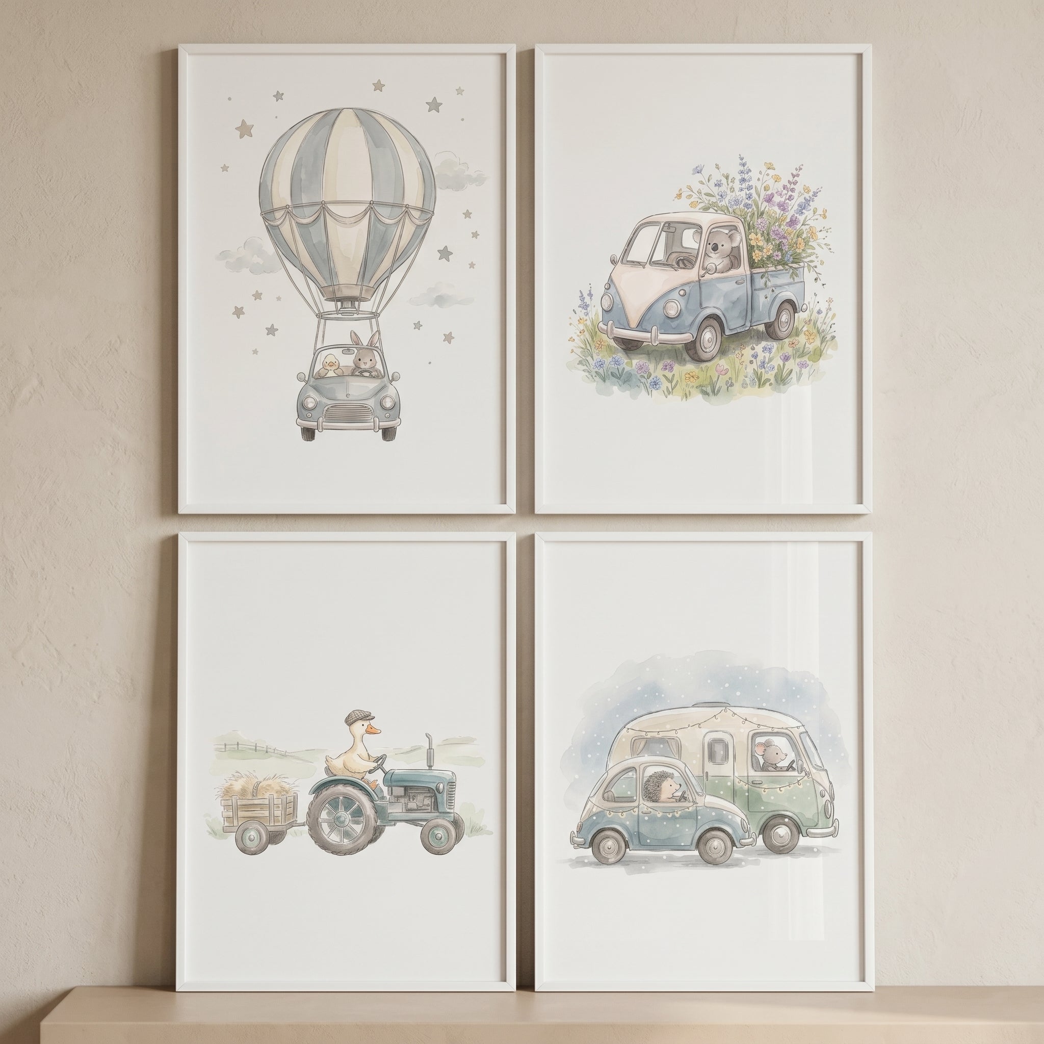 Neutral Watercolor Driving Animals Wall Art Set of 4 - Sweet Nursery Adventures