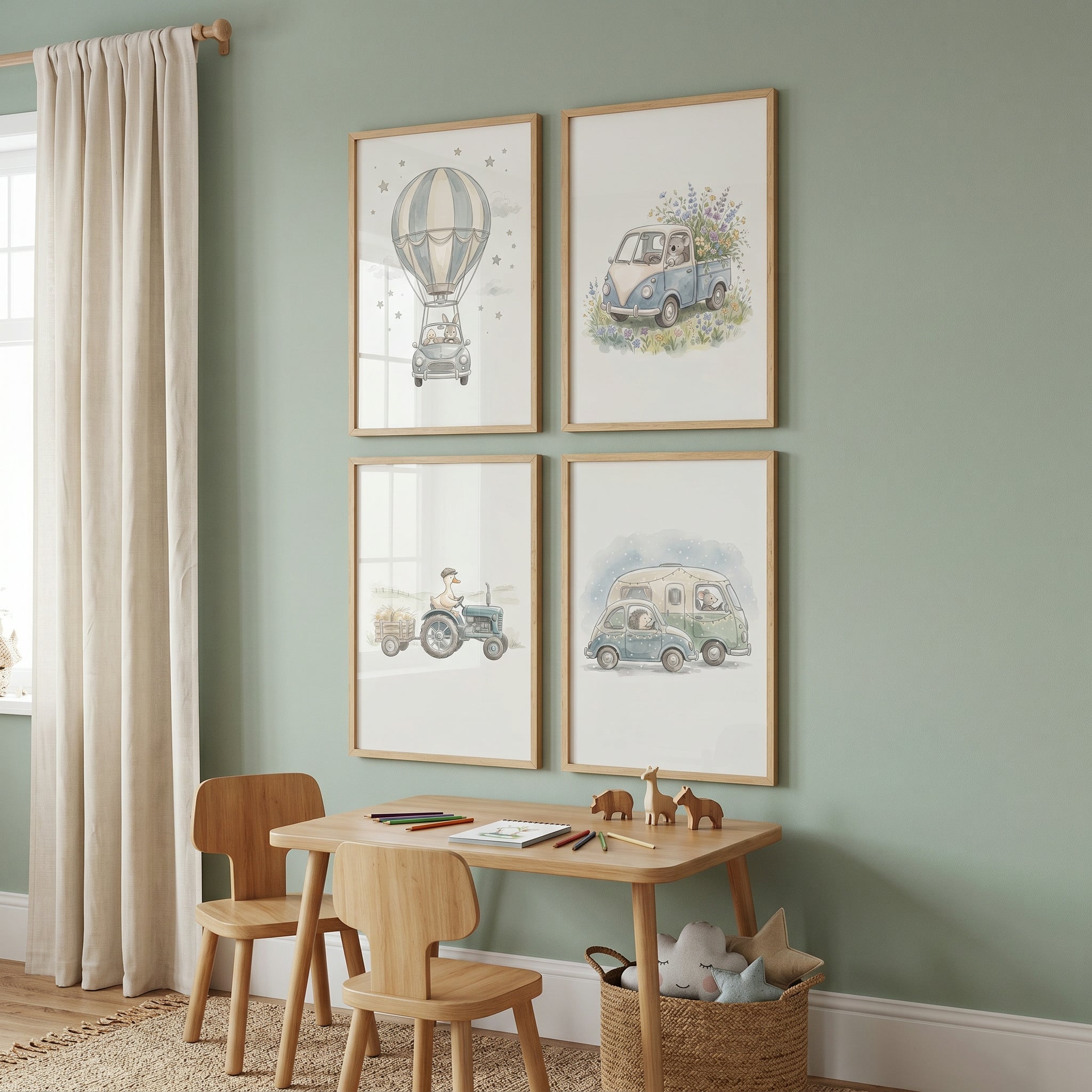 Neutral Watercolor Driving Animals Wall Art Set of 4 - Sweet Nursery Adventures