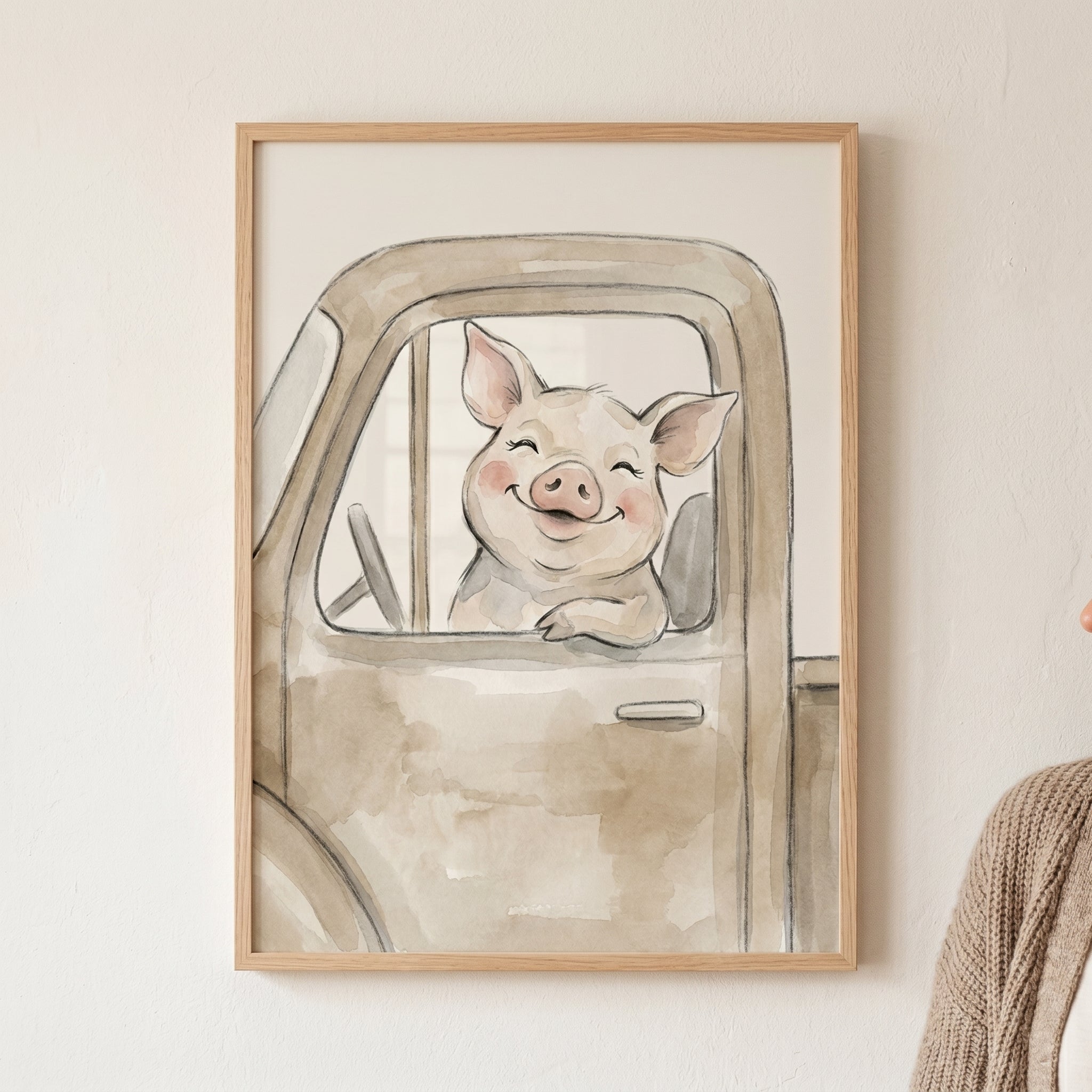 Neutral Watercolor Driving Pig Wall Art - Joyful Piggy Ride