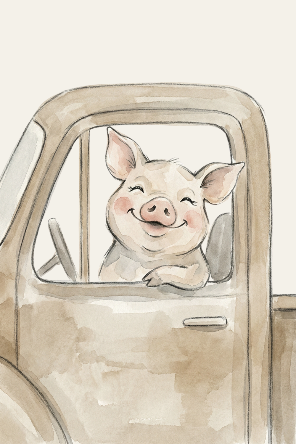 Neutral Watercolor Driving Pig Wall Art - Joyful Piggy Ride