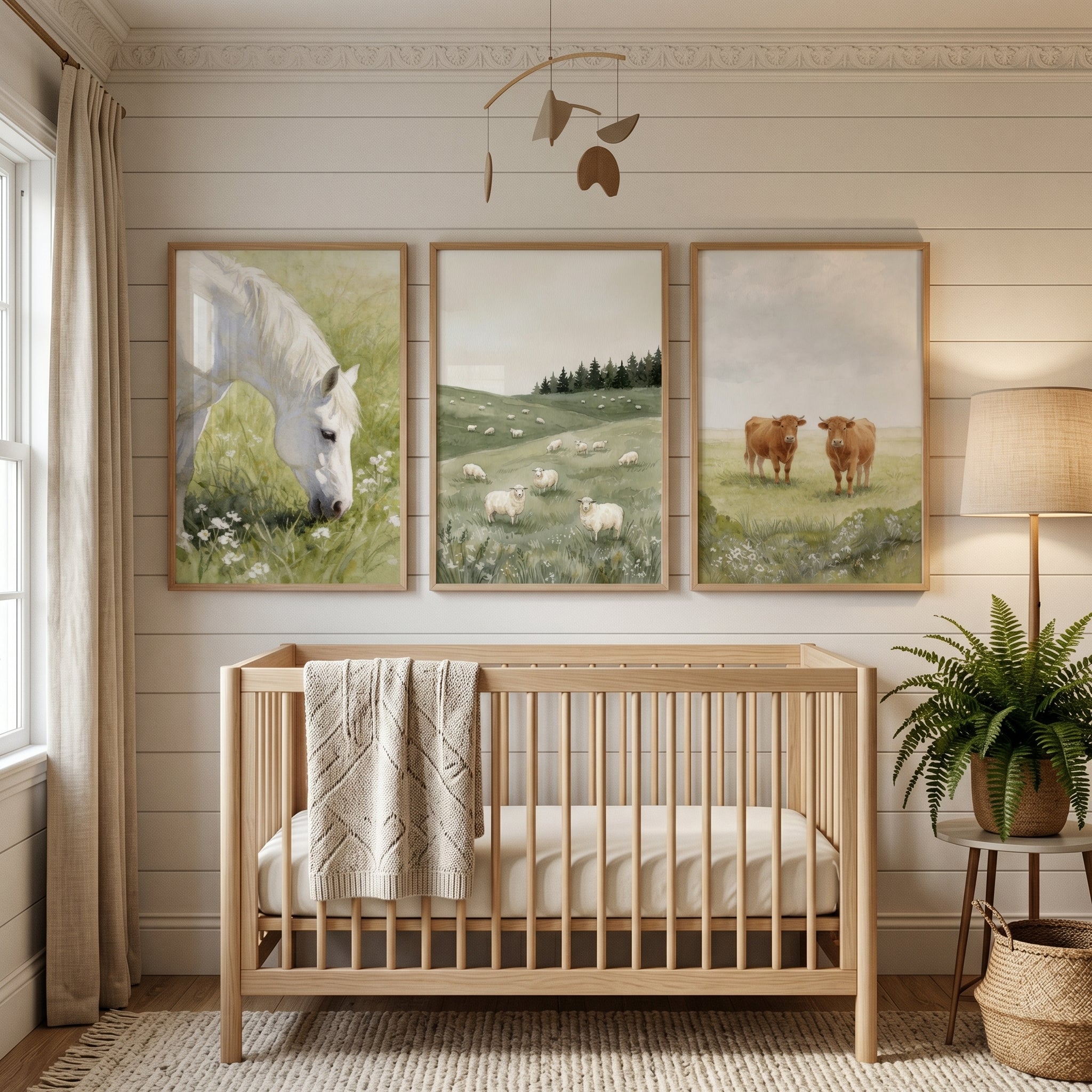 Neutral Watercolor Farm Animal Wall Art Set of 3 - Pastoral Meadow Trio