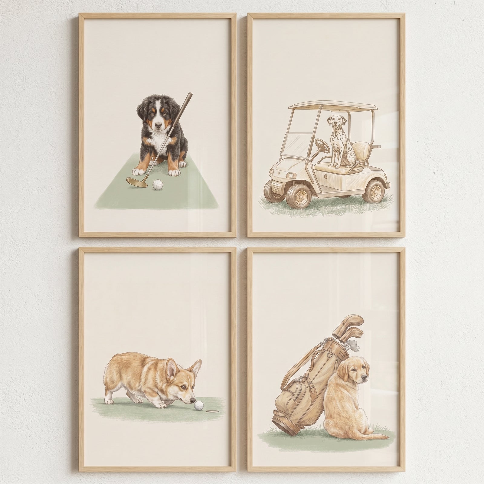 Neutral watercolor golfing dogs wall art set of 4 features various breeds with golf clubs and gear in wooden frames.