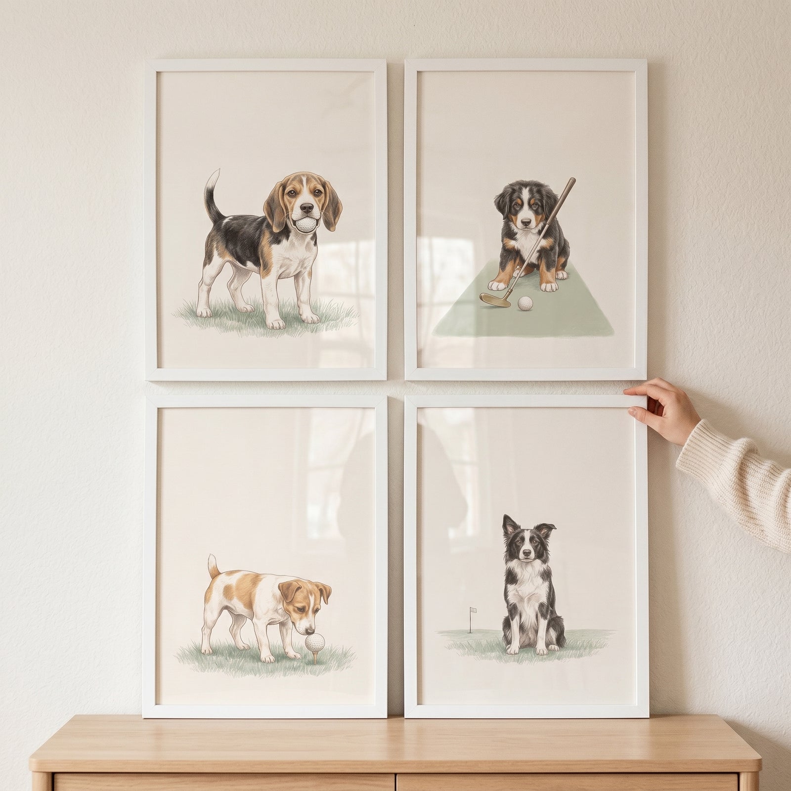 A hand adjusts a neutral watercolor golfing puppies wall art set of 4 displayed in white frames on a light wall.