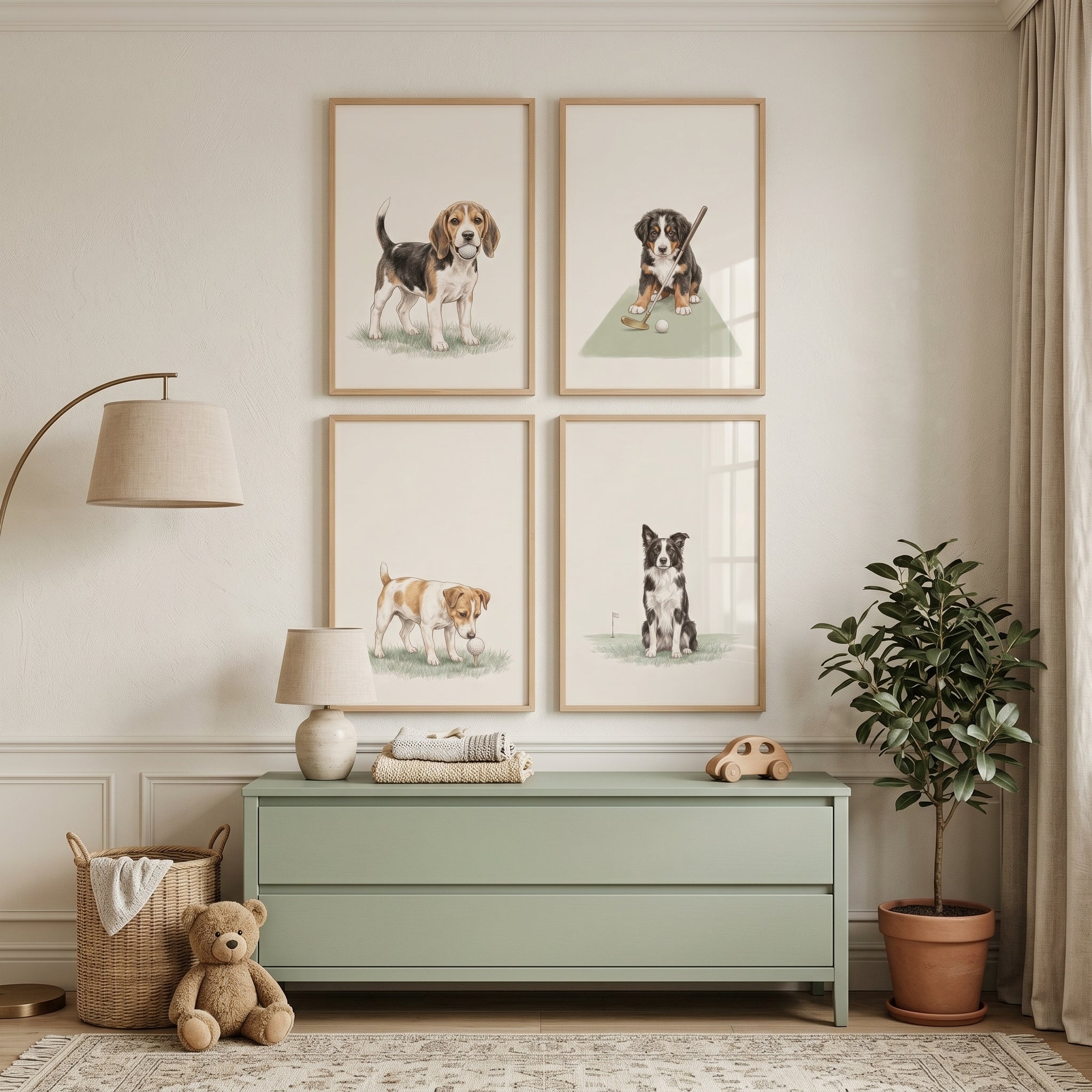 Neutral Watercolor Golfing Puppies Wall Art Set of 4 - Golfing Pups