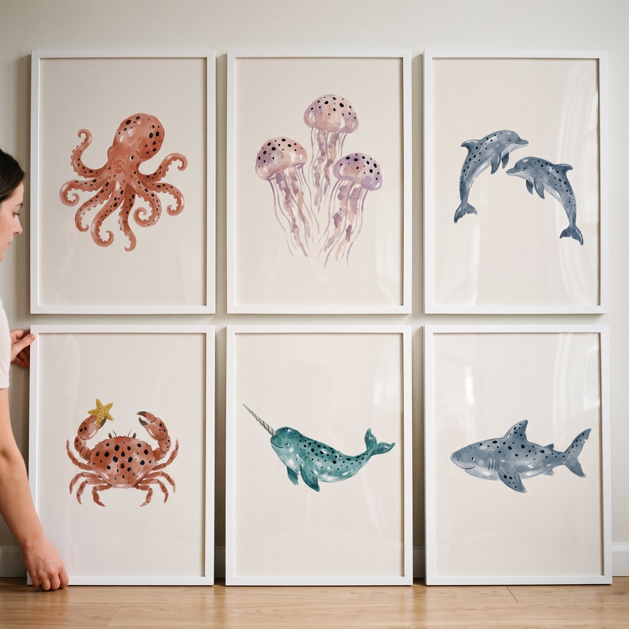 Neutral Watercolor Marine Animal Wall Art Set of 6 - Whimsical Ocean Friends