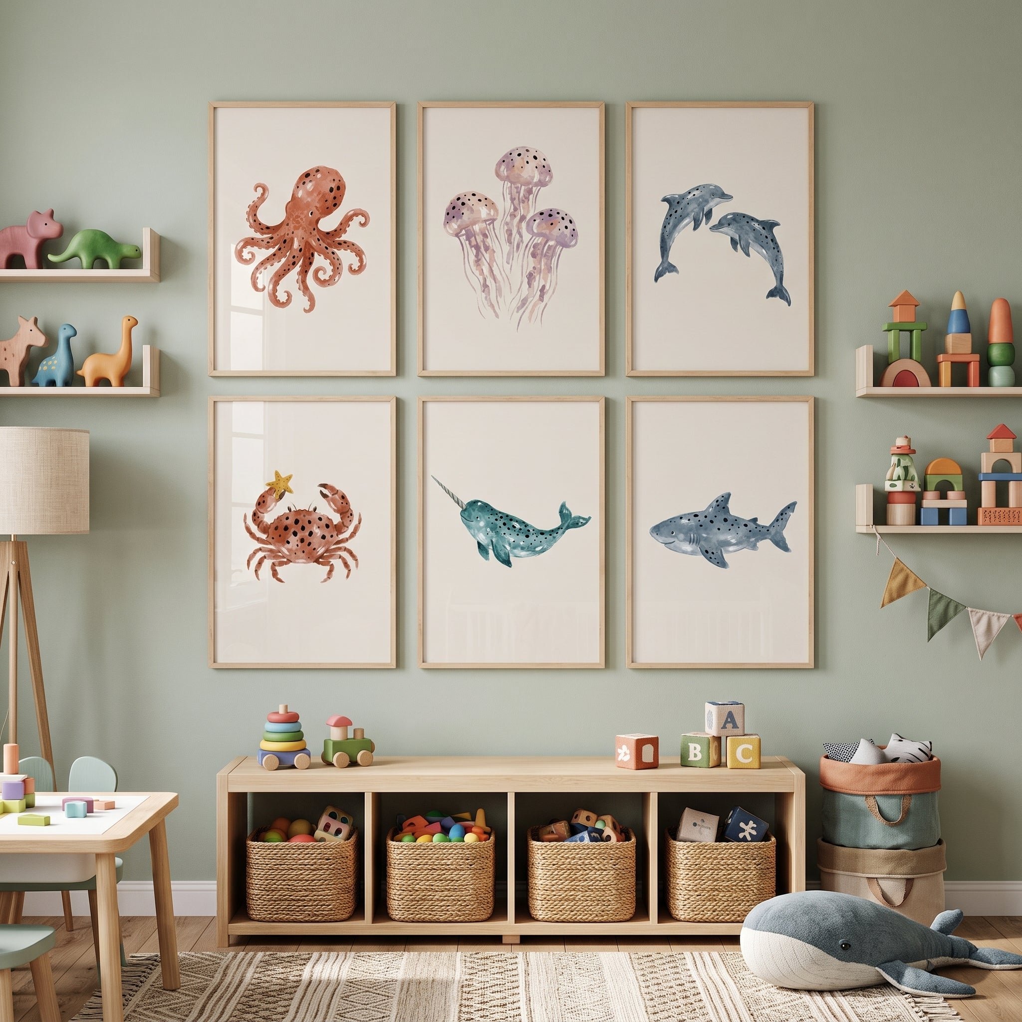 Neutral Watercolor Marine Animal Wall Art Set of 6 - Whimsical Ocean Friends