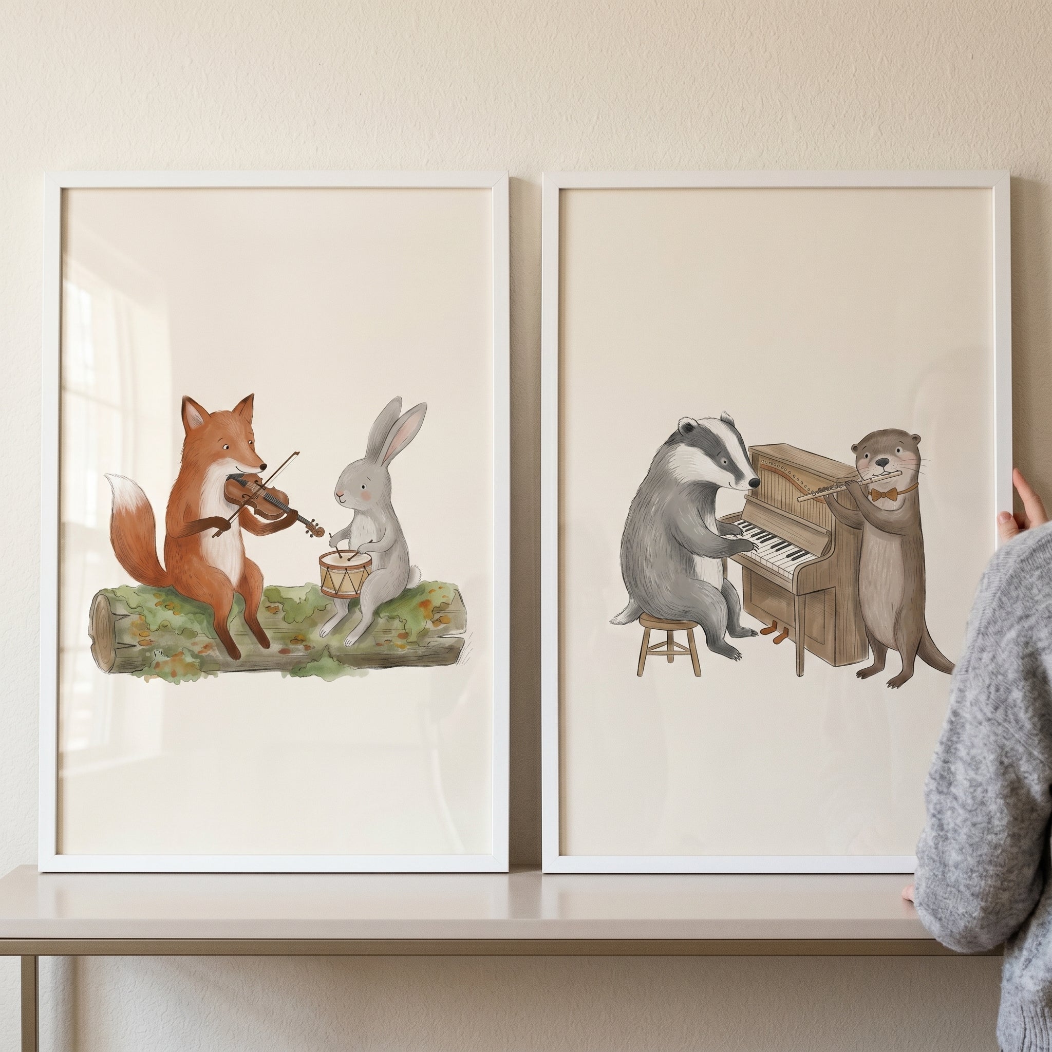 Neutral Watercolor Musical Animal Wall Art Set Of 2 - Woodland Music Mates