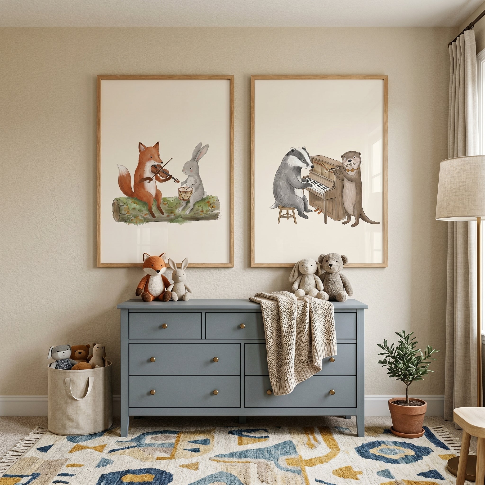 Neutral Watercolor Musical Animal Wall Art Set Of 2 - Woodland Music Mates