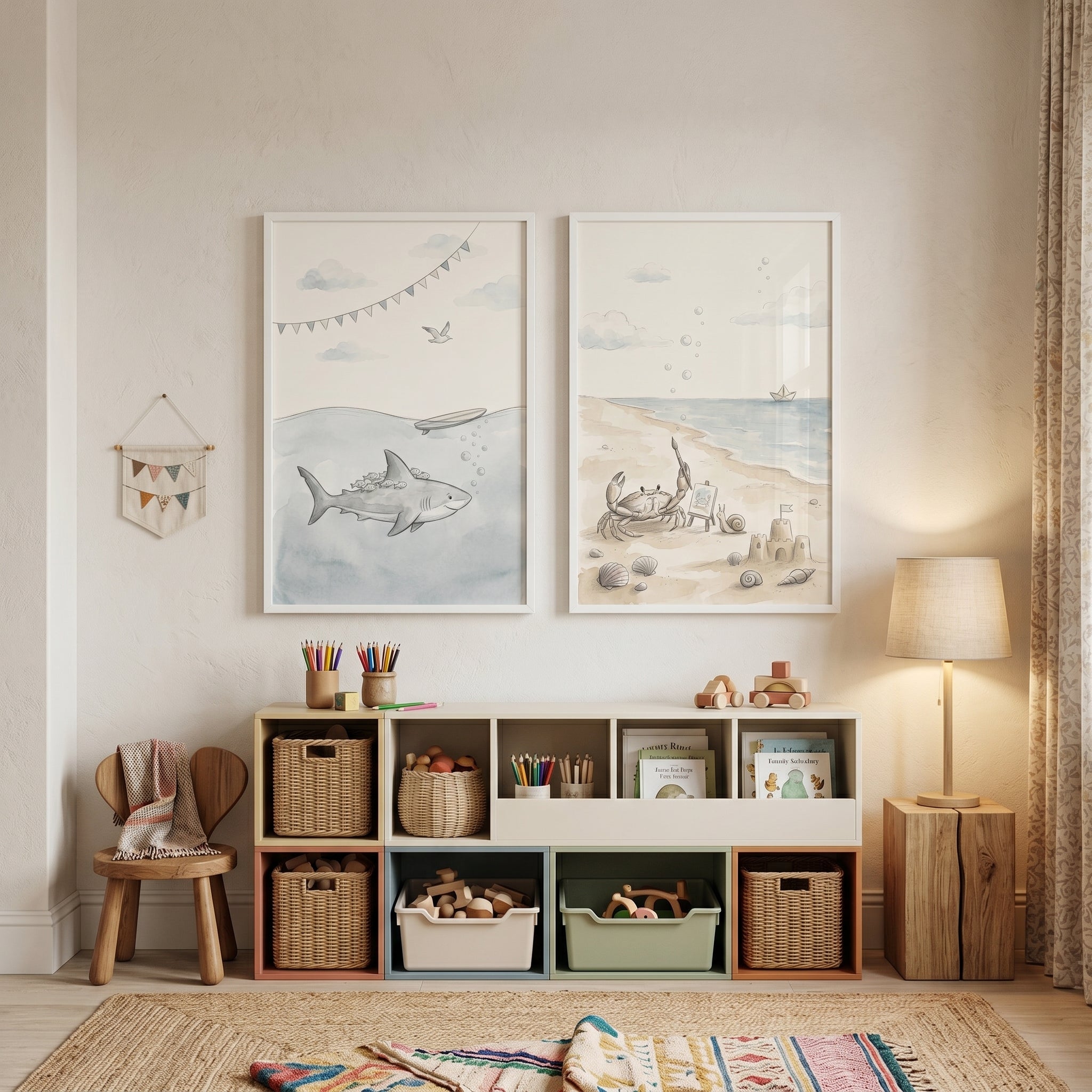 Neutral Watercolor Ocean Animal Wall Art Set Of 2 - Whimsical Coastal Life