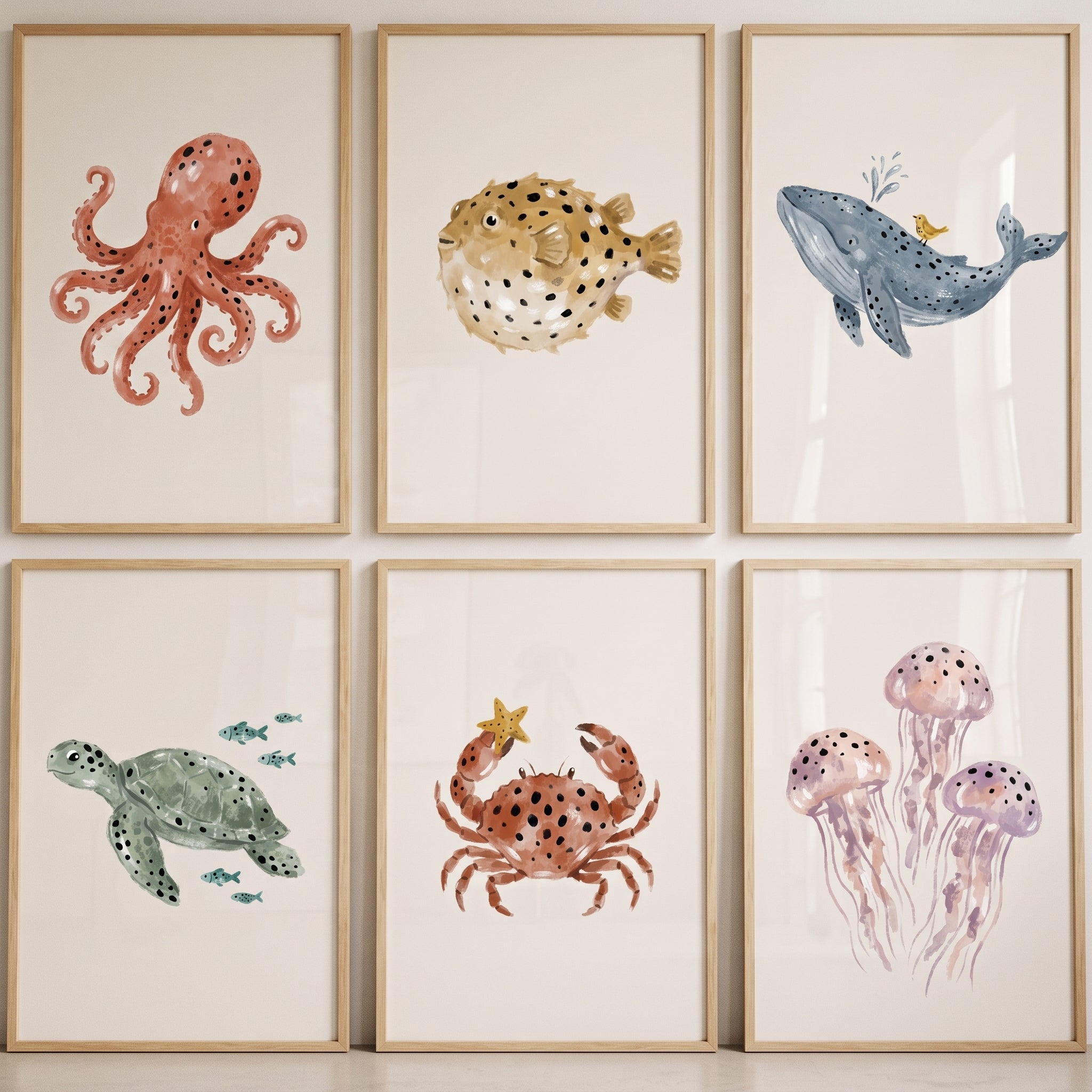 Neutral Watercolor Ocean Animal Wall Art Set of 6 - Ocean Friends Art