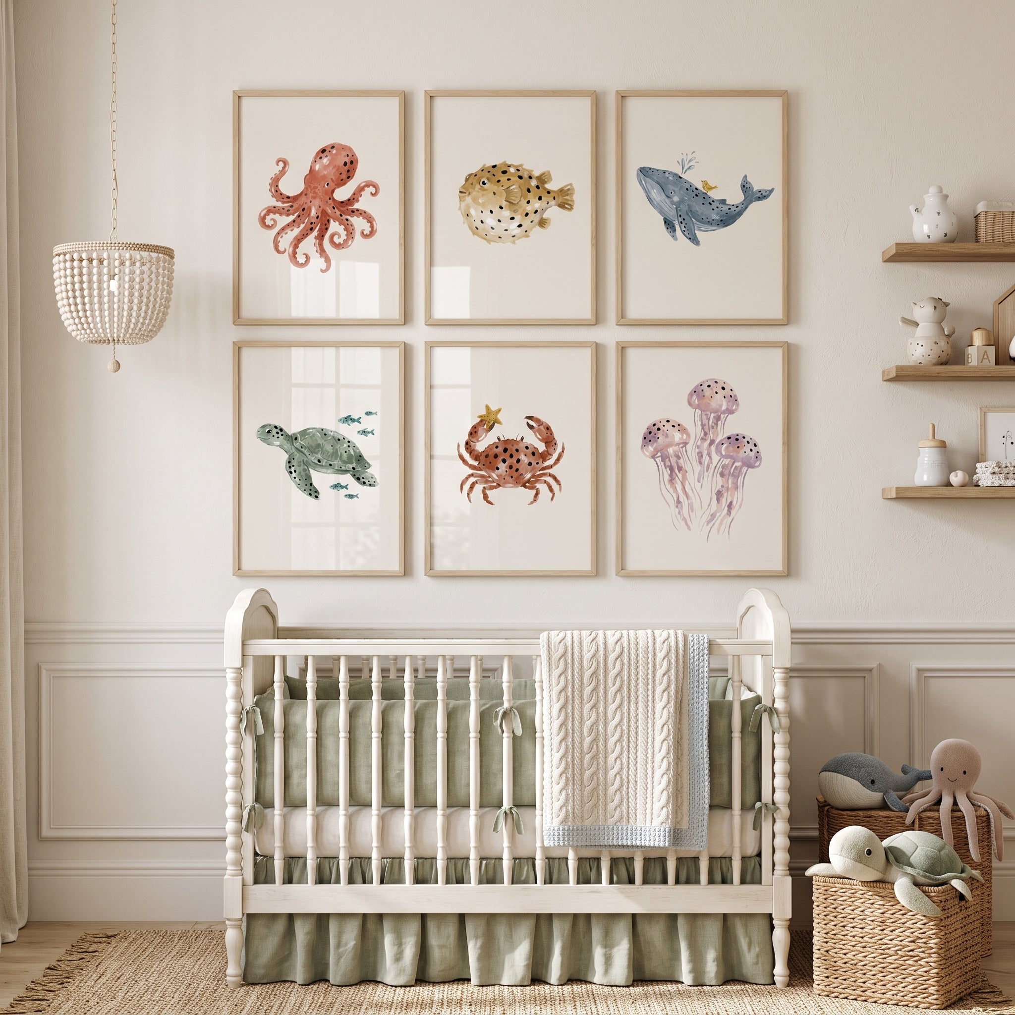 Neutral Watercolor Ocean Animal Wall Art Set of 6 - Ocean Friends Art