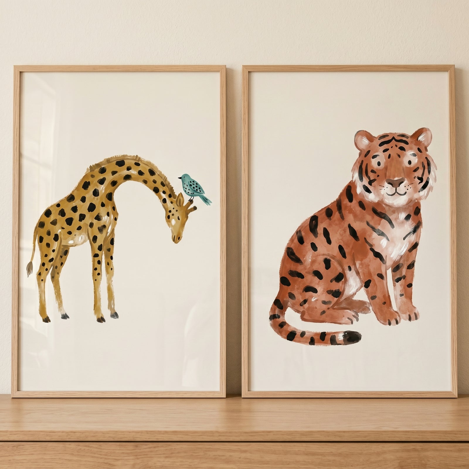 Neutral watercolor safari animal wall art set of 2 featuring a giraffe with a blue bird and a sitting tiger.