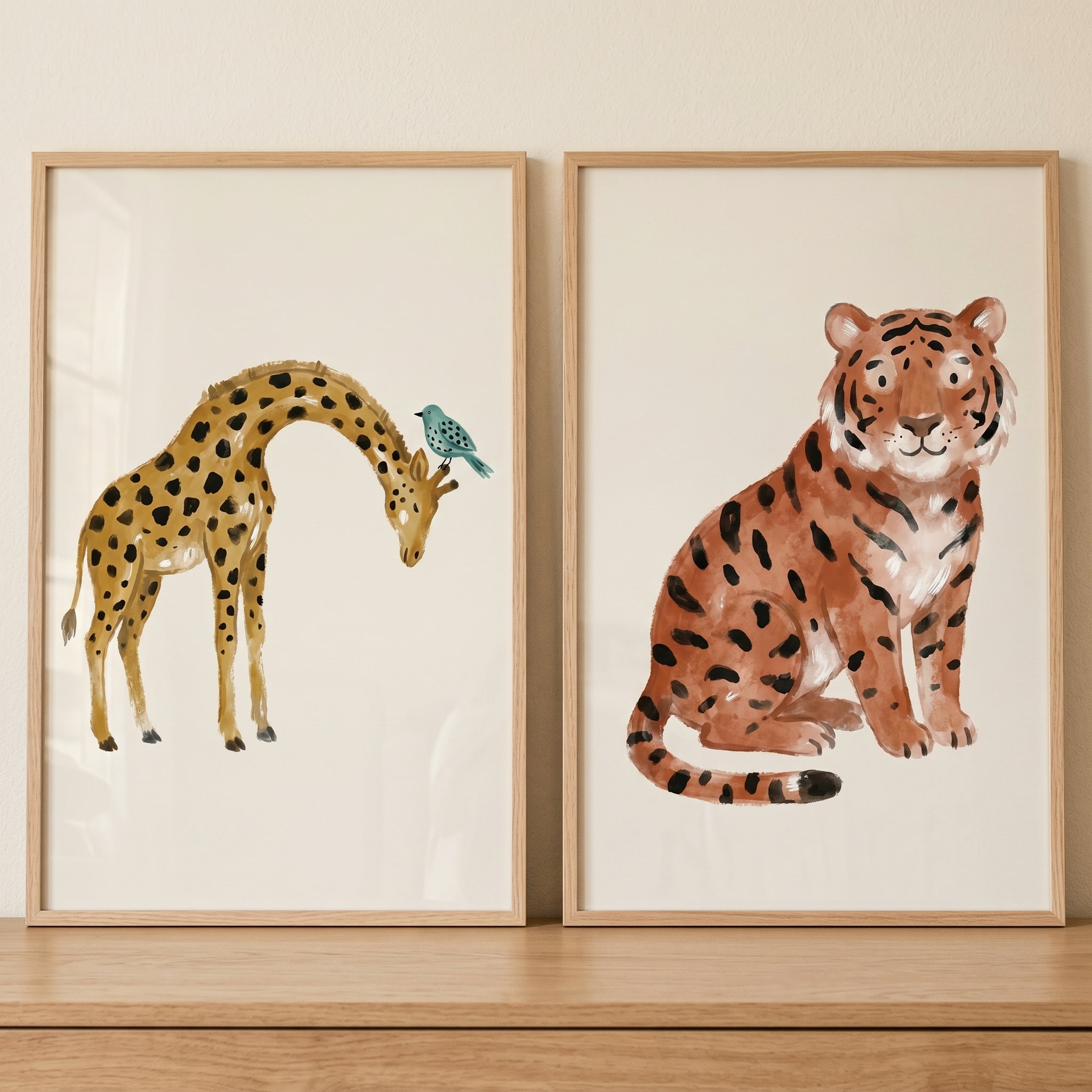 Neutral Watercolor Safari Animal Wall Art Set of 2 - Sweet Safari Friends