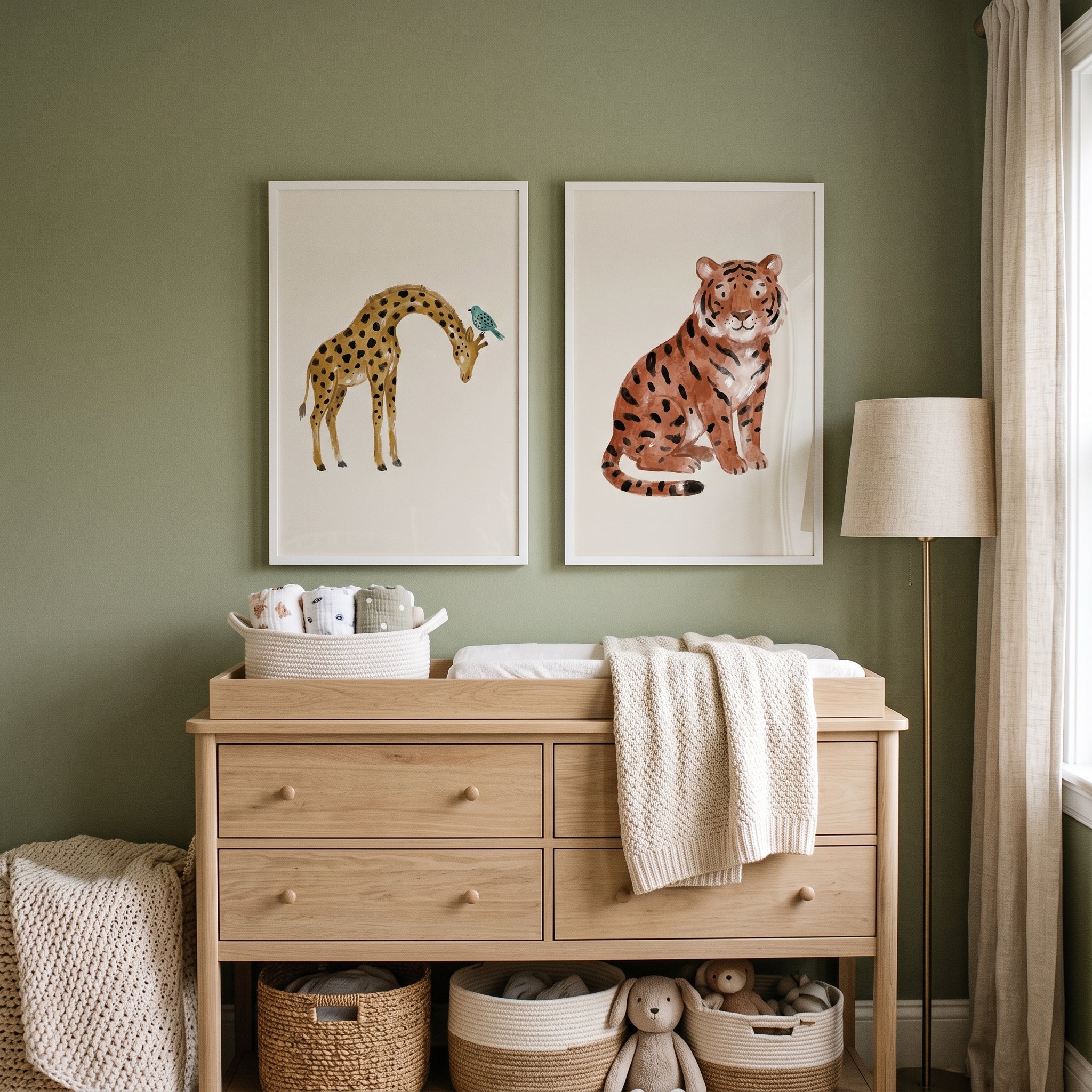 Neutral Watercolor Safari Animal Wall Art Set of 2 - Sweet Safari Friends