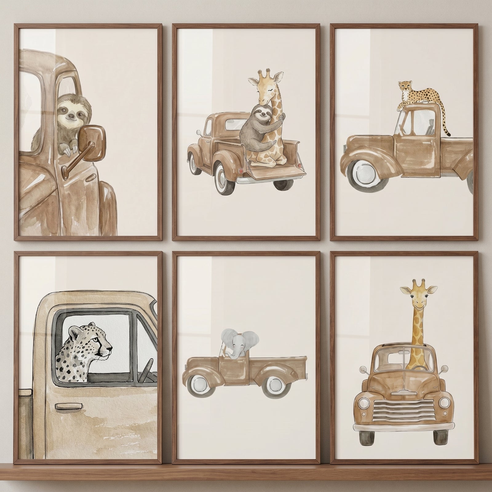 Neutral watercolor safari animals wall art set of 6 featuring sloths, giraffes, cheetahs, and an elephant in brown trucks.