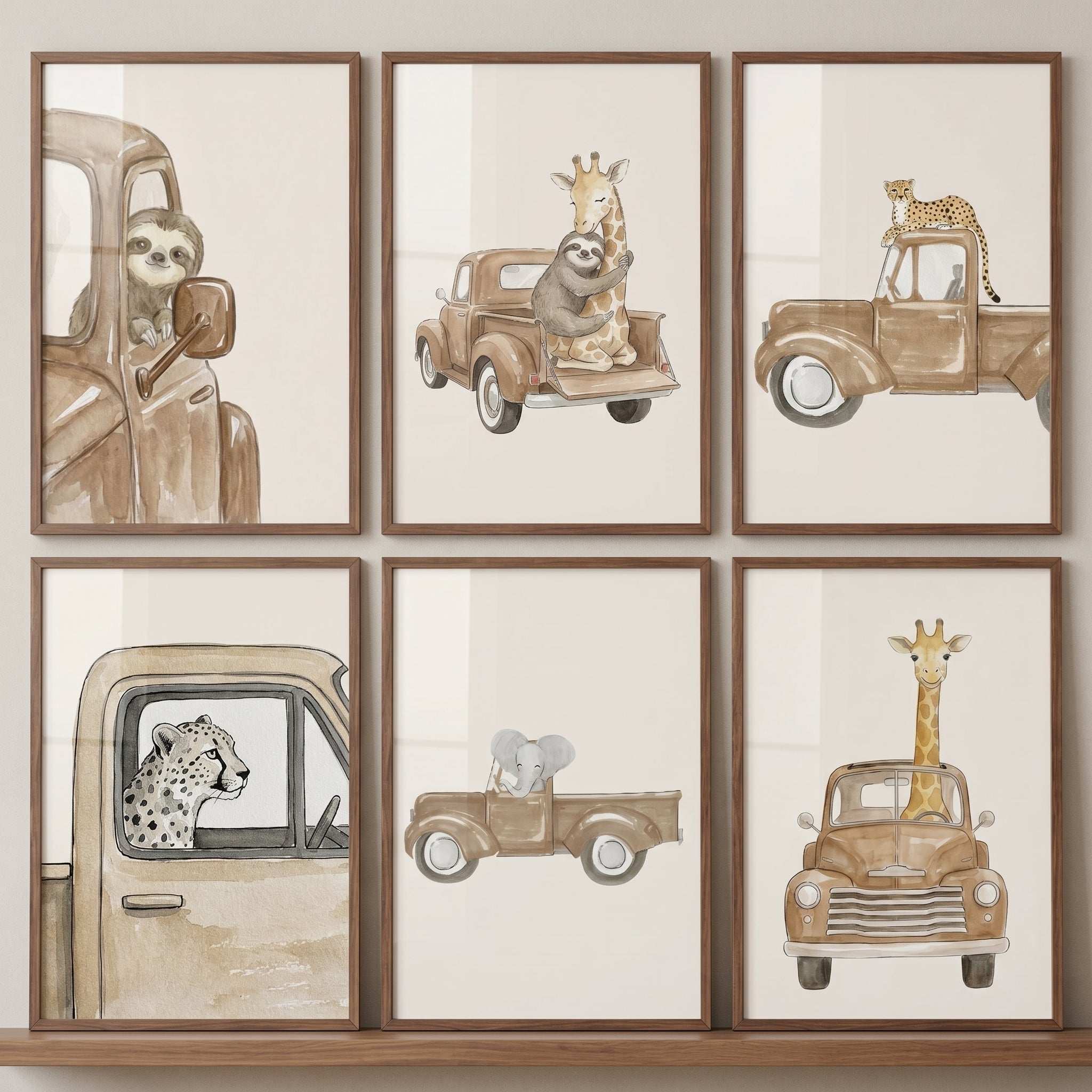 Neutral Watercolor Safari Animals Wall Art Set of 6 - Wild Animal Drive