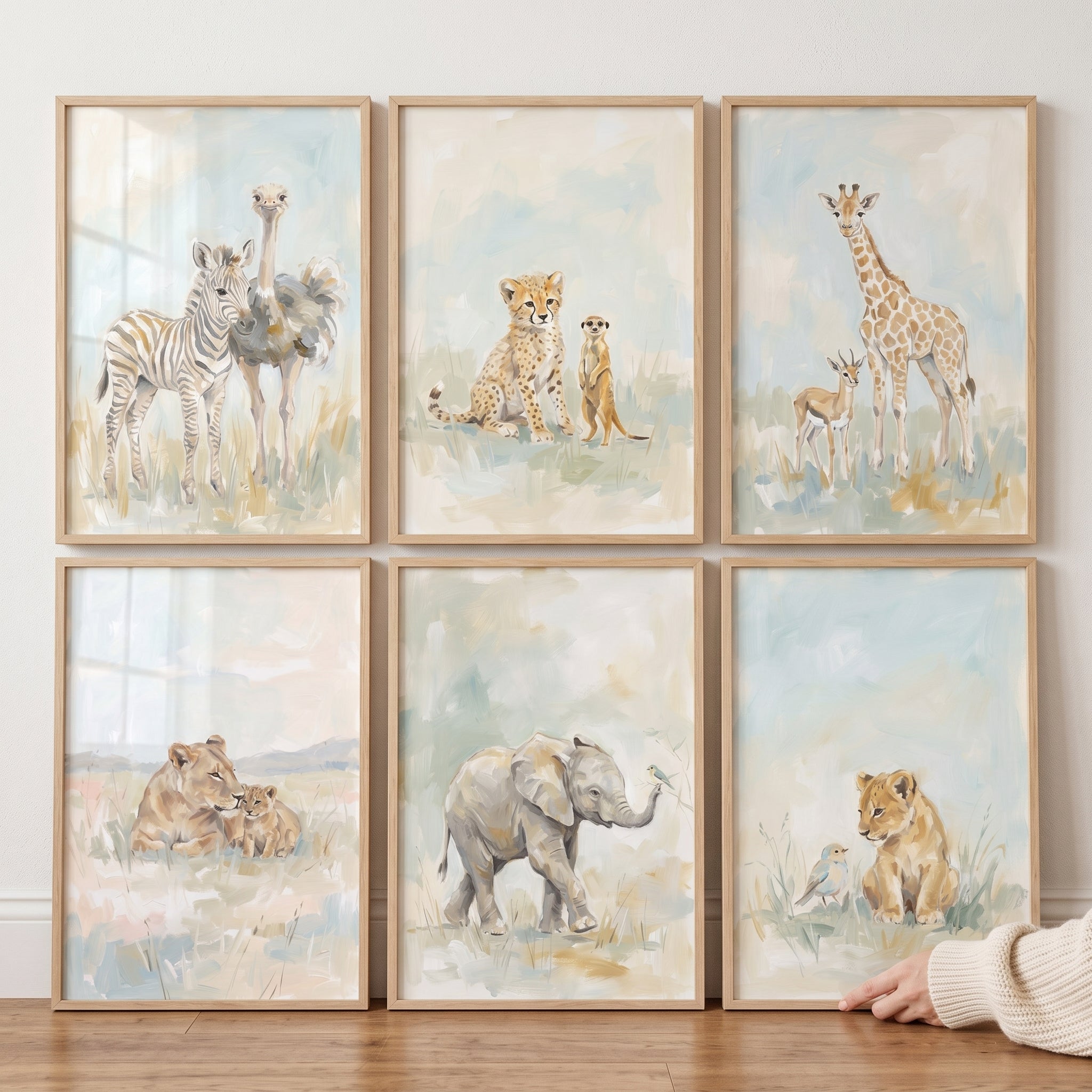 Neutral Watercolor Safari Animals Wall Art Set Of 6 - Wild Safari Babies