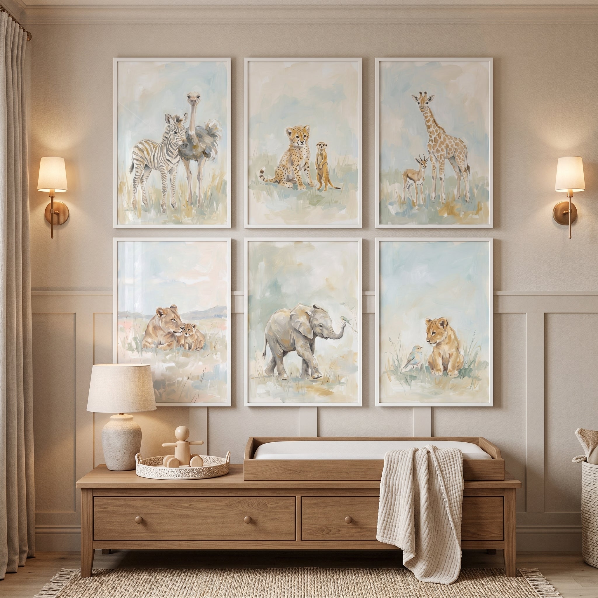 Neutral Watercolor Safari Animals Wall Art Set Of 6 - Wild Safari Babies