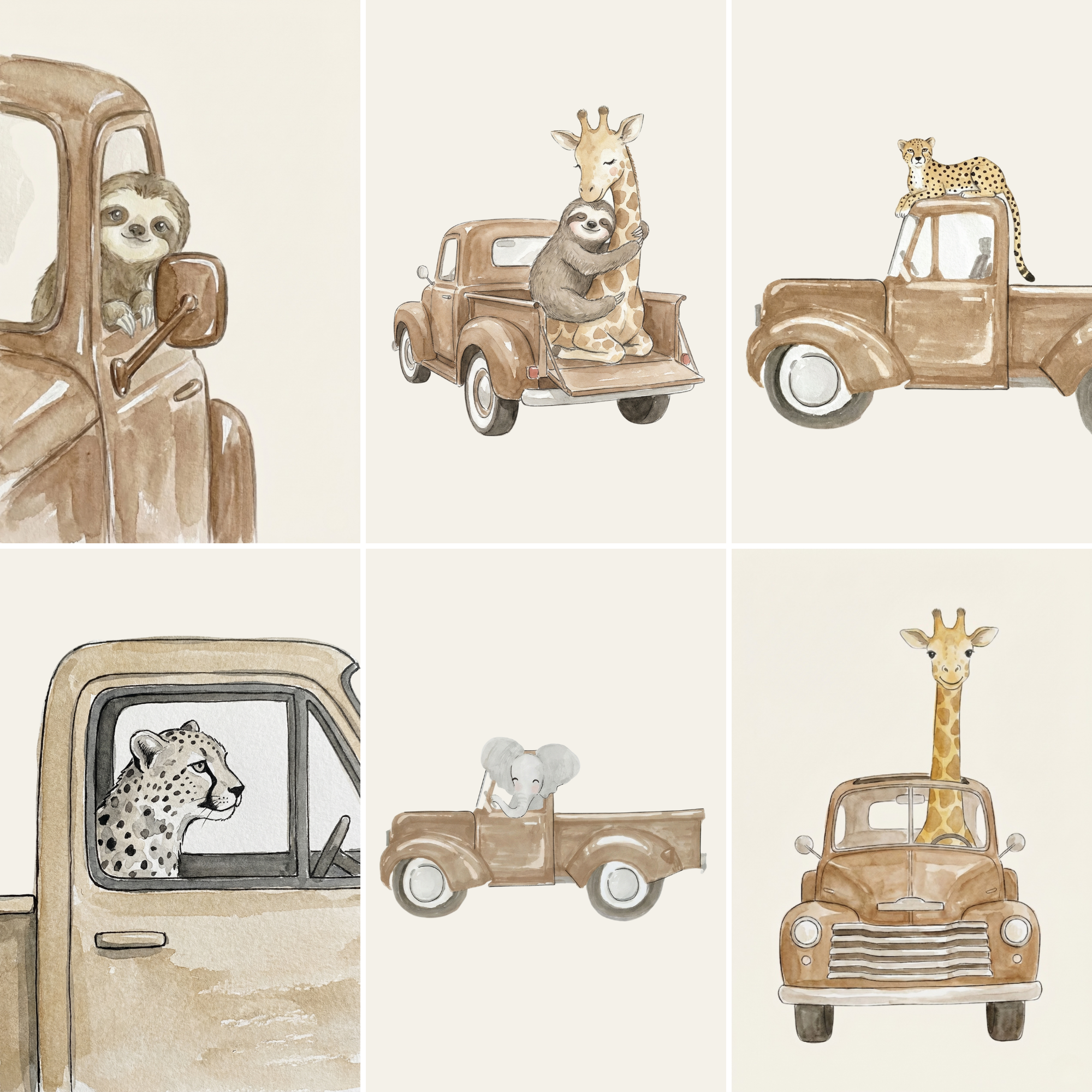 Neutral Watercolor Safari Animals Wall Art Set of 6 - Wild Animal Drive
