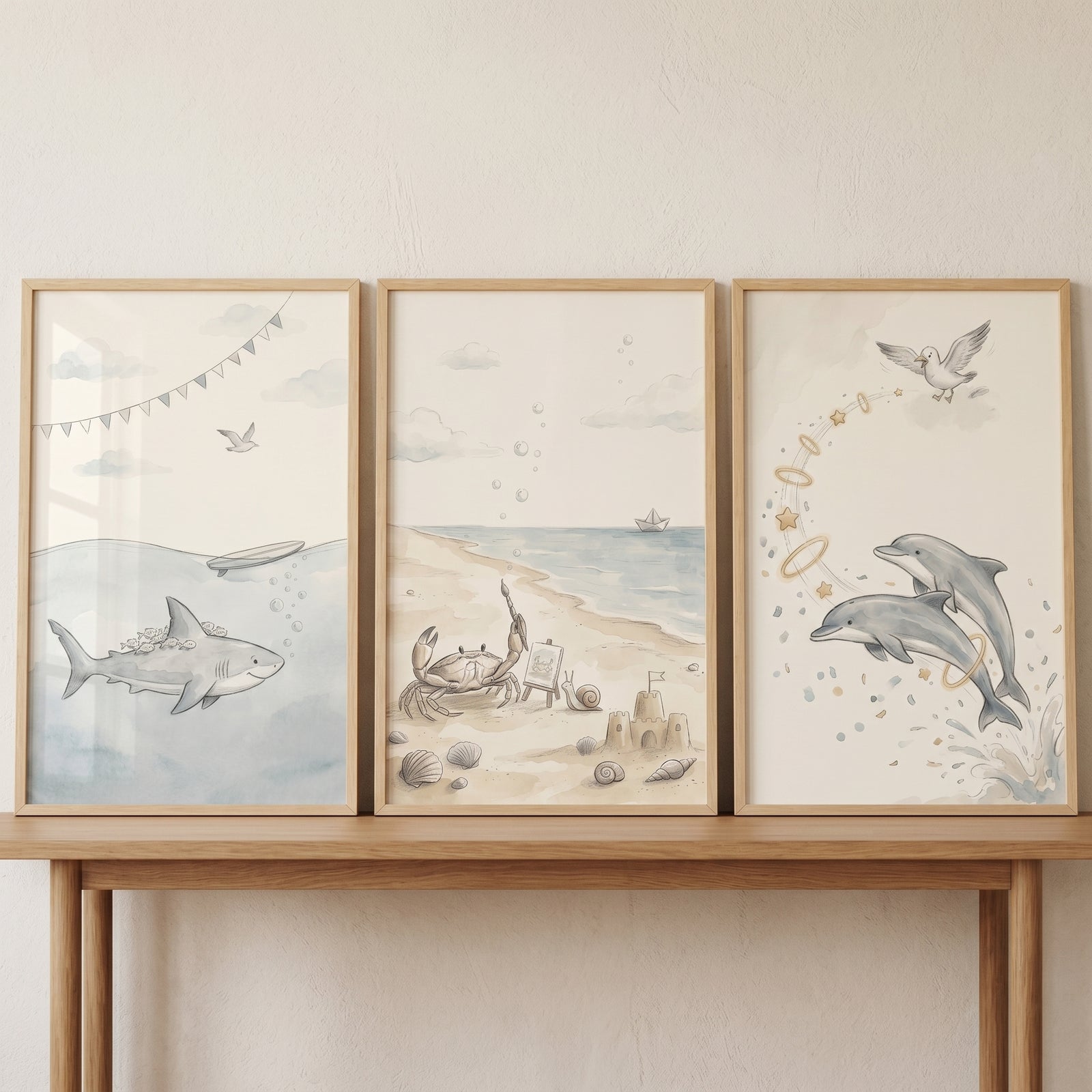 Neutral watercolor sea animal wall art set of 3 featuring a shark, beach crab, and dolphins in light wood frames.