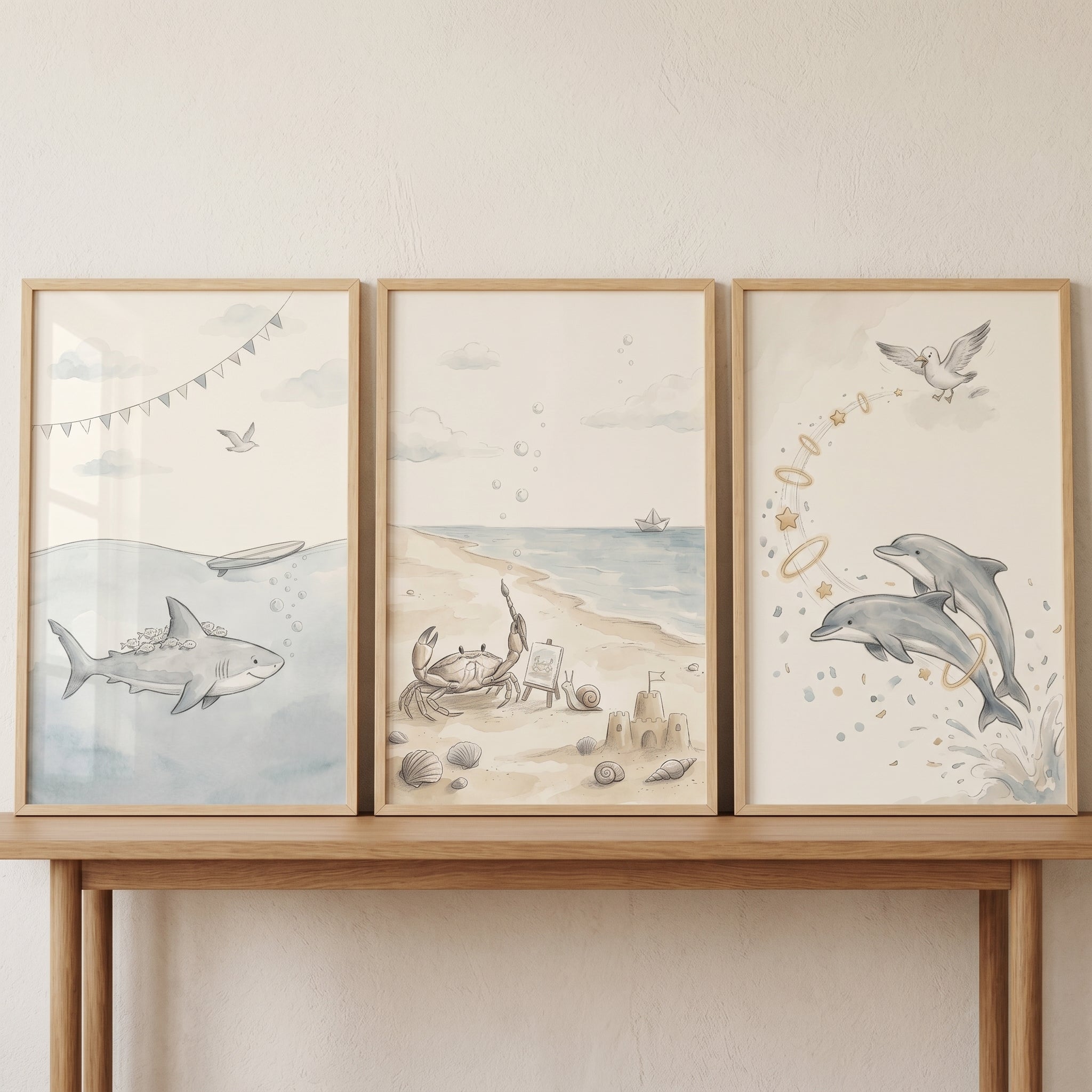 Neutral Watercolor Sea Animal Wall Art Set of 3 - Whimsical Water World