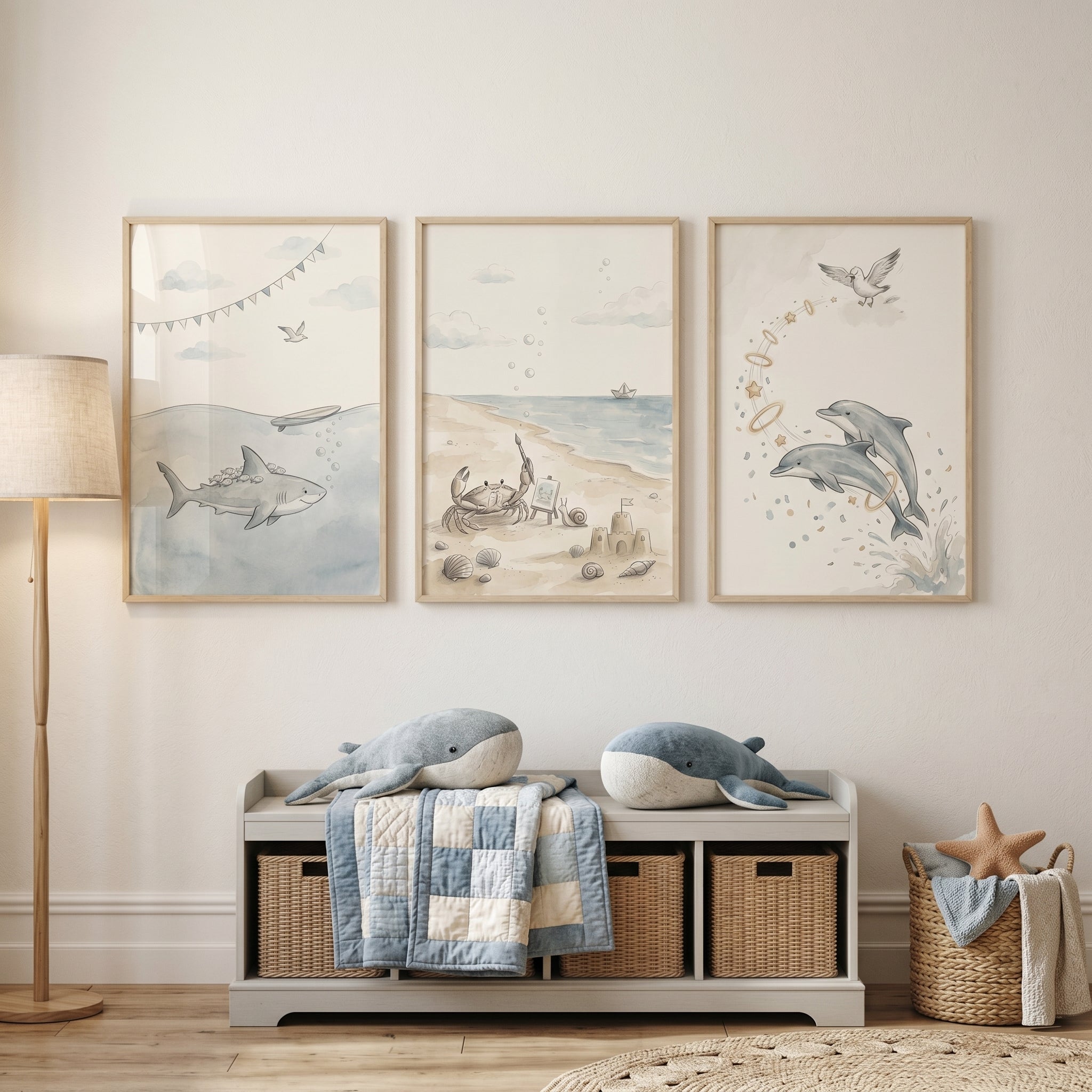 Neutral Watercolor Sea Animal Wall Art Set of 3 - Whimsical Water World