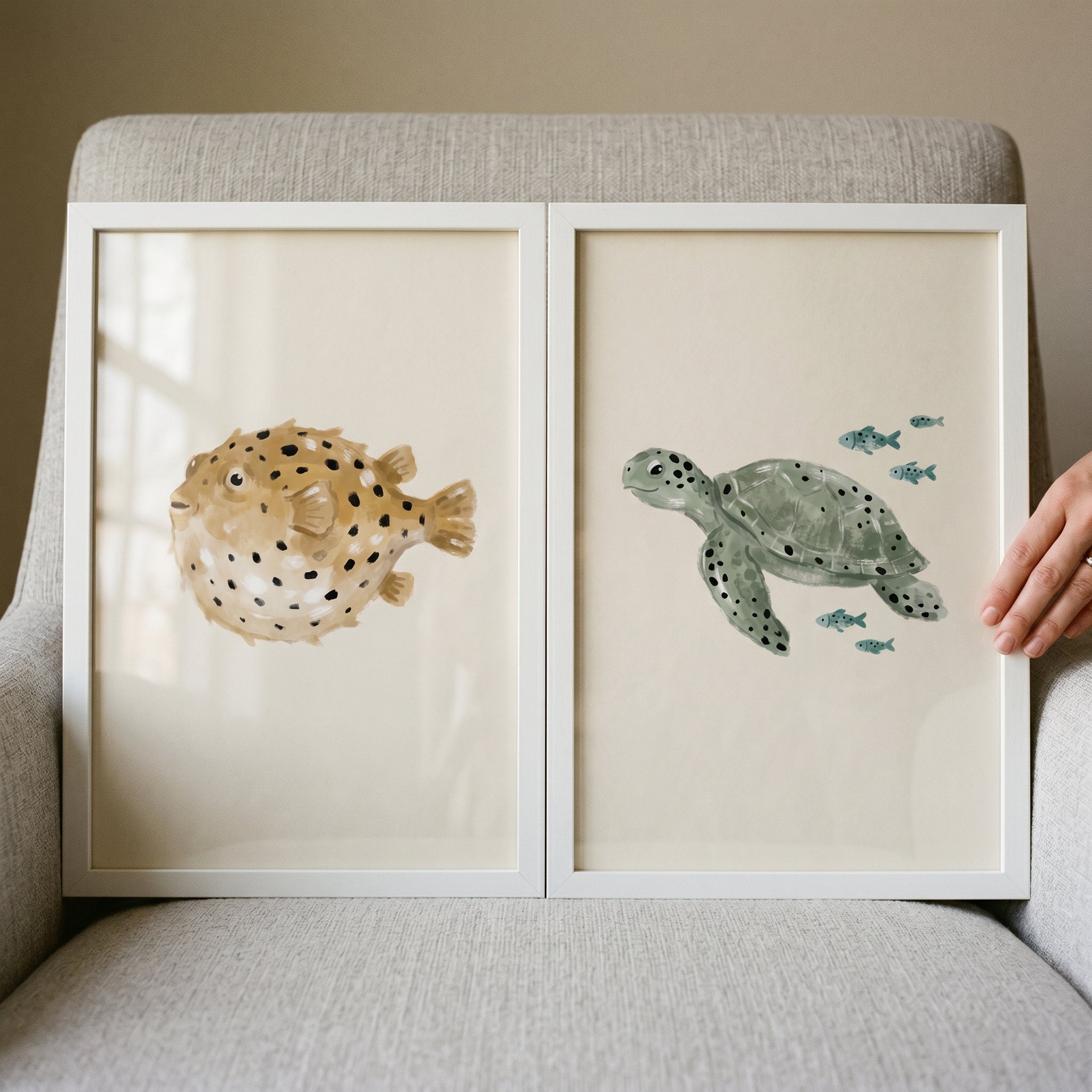 Neutral Watercolor Sea Creature Print Set of 2 - Ocean Life Duo