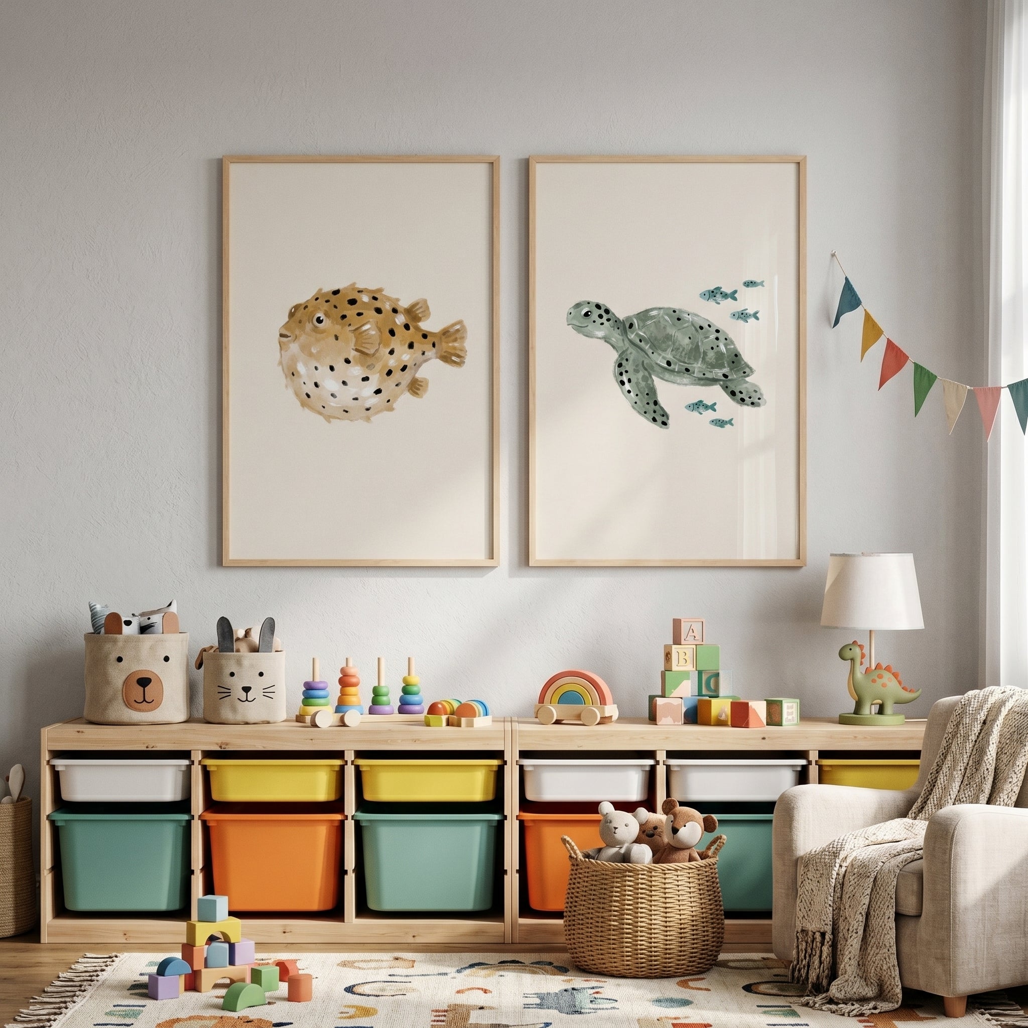 Neutral Watercolor Sea Creature Print Set of 2 - Ocean Life Duo