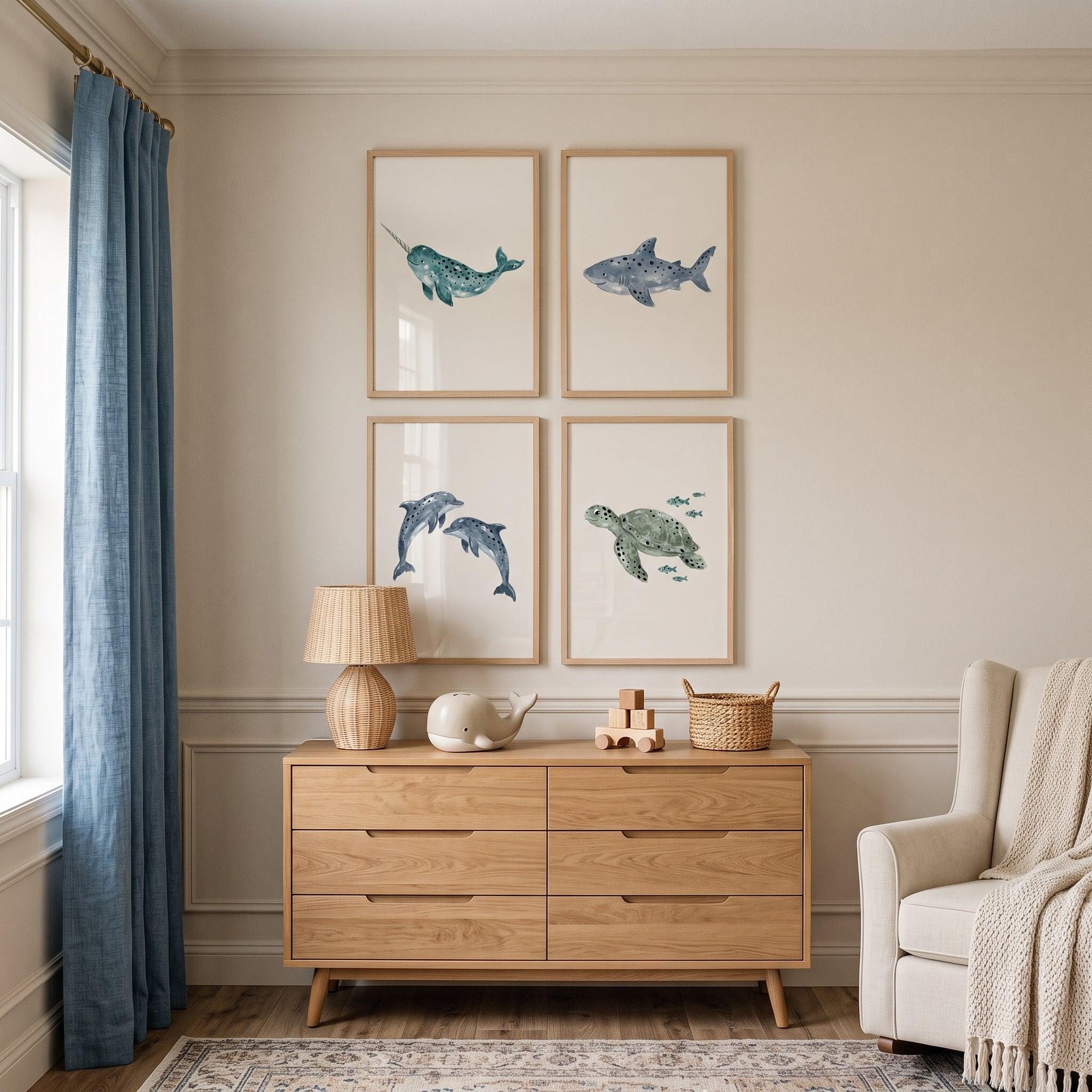 Neutral Watercolor Sea Creature Wall Art Set of 4 - Gentle Ocean Friends