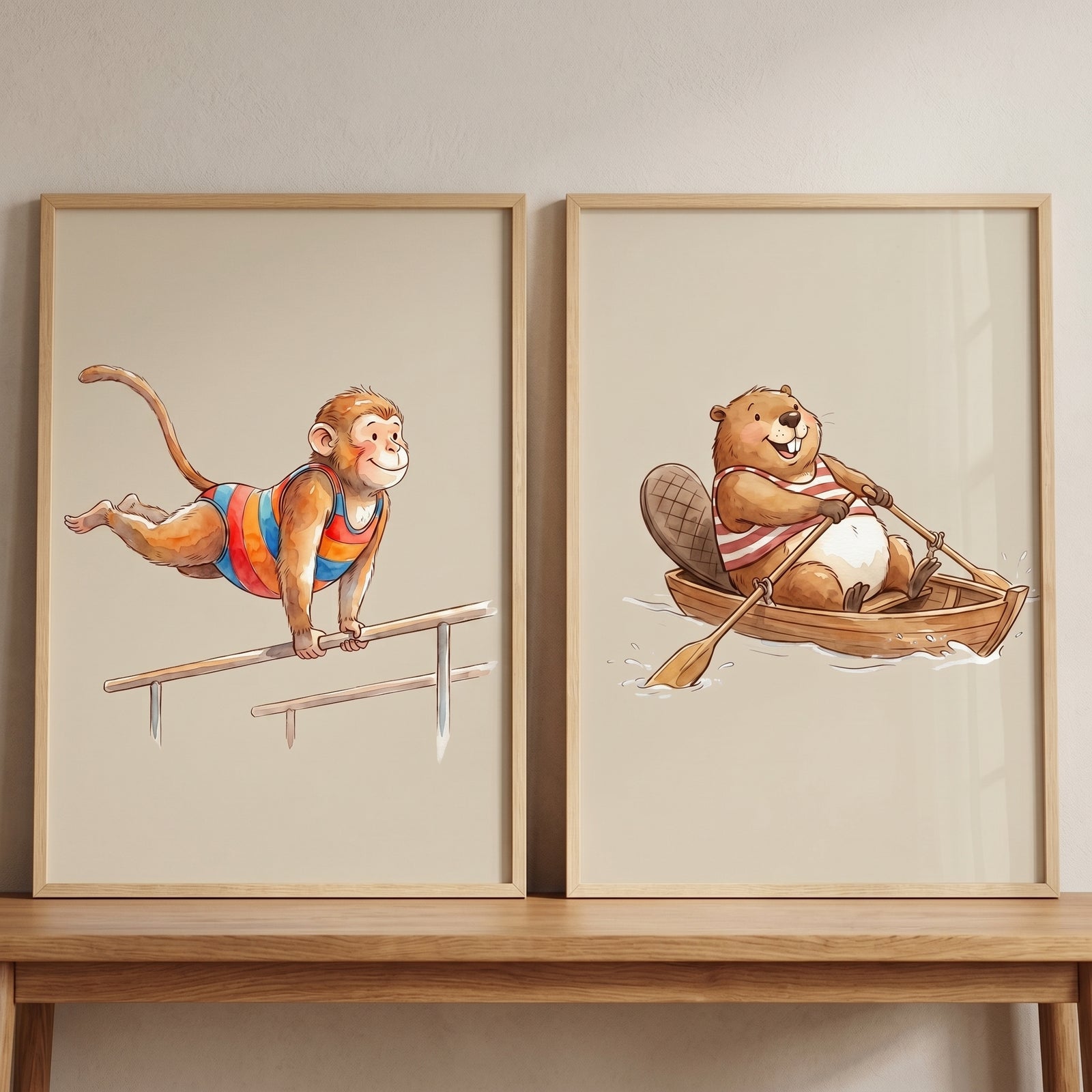 Neutral watercolor sports animal wall art set of 2 featuring a monkey gymnast and a beaver rowing a wooden boat.