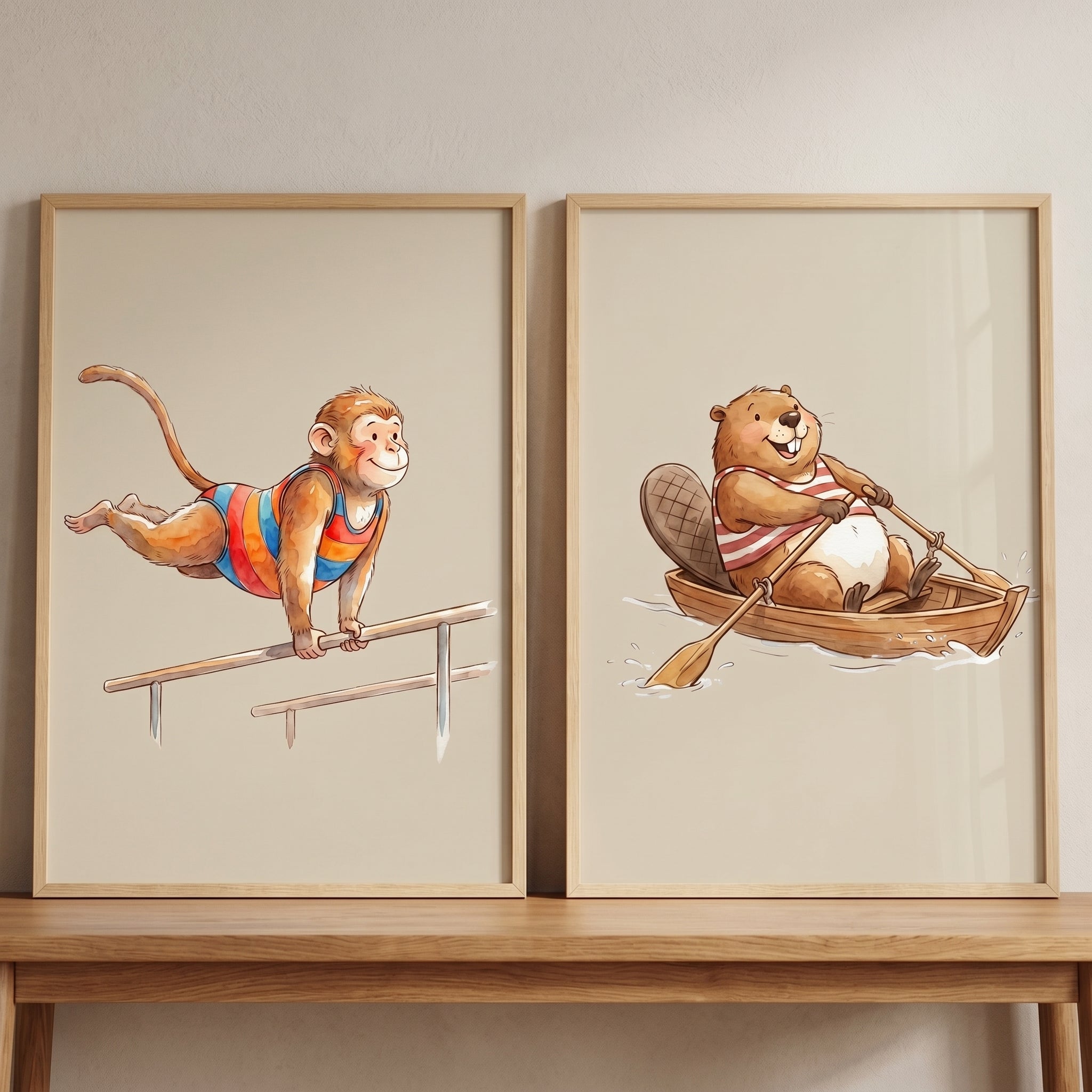 Neutral Watercolor Sports Animal Wall Art Set of 2 - Playful Athletic Duo
