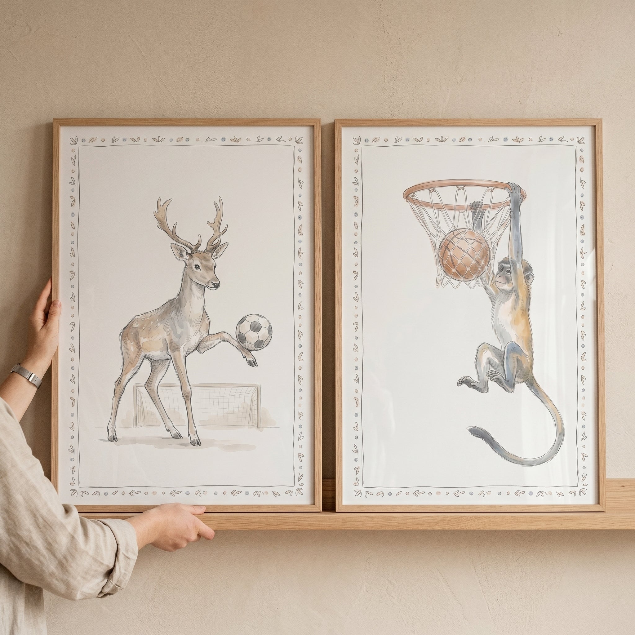 Neutral Watercolor Sports Animals Wall Art Set of 2 - Playful Nature Games