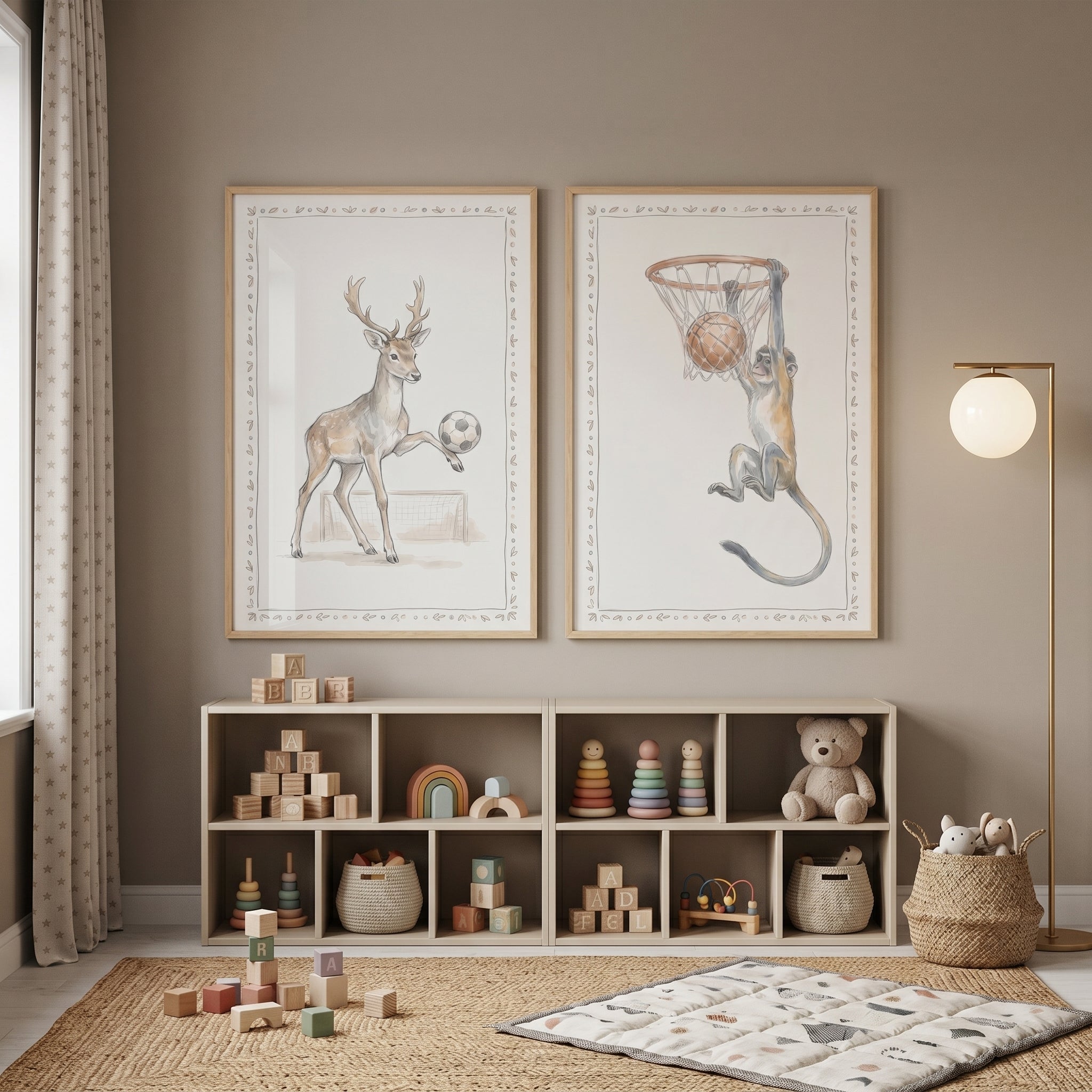 Neutral Watercolor Sports Animals Wall Art Set of 2 - Playful Nature Games