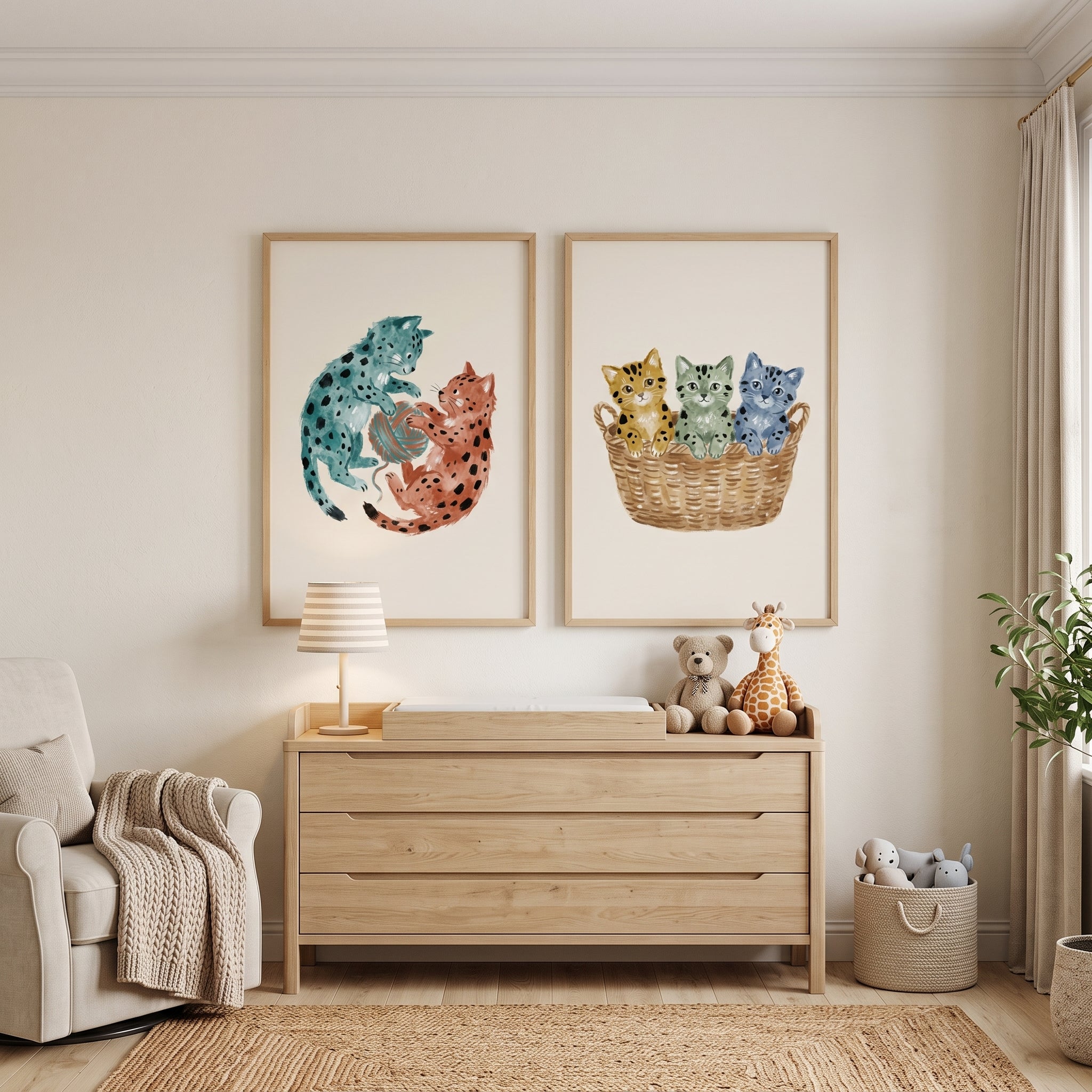 Neutral Watercolor Spotted Cat Wall Art Set of 2 - Colorful Spotted Kittens