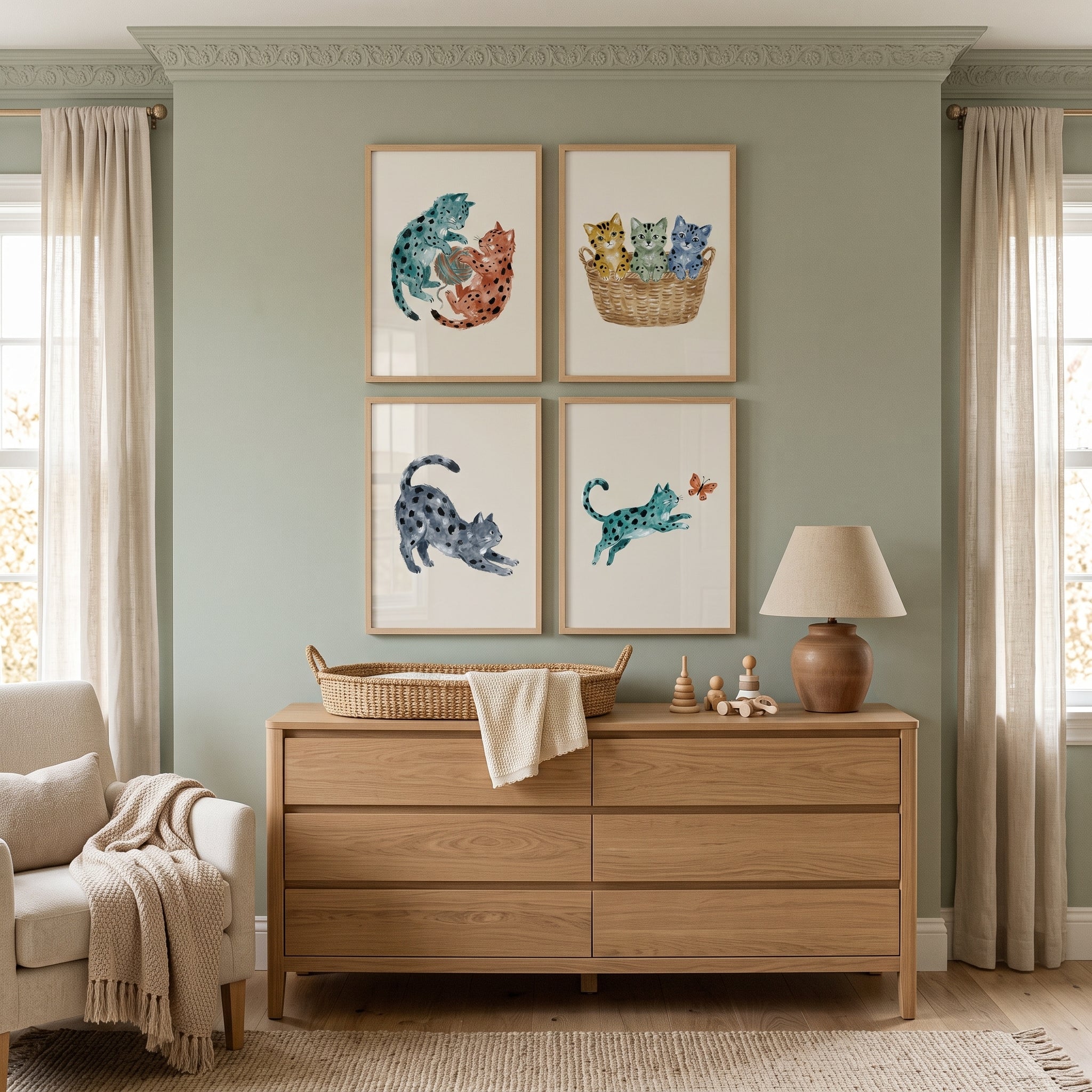 Neutral Watercolor Spotted Cat Wall Art Set of 4 - Whimsical Cat Prints