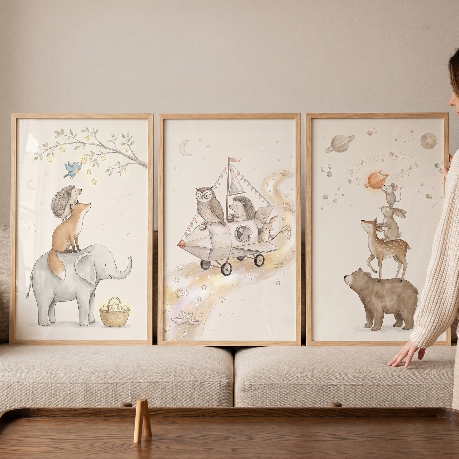 Neutral watercolor starry animals wall art set of 3 featuring whimsical animals on celestial adventures in wood frames.