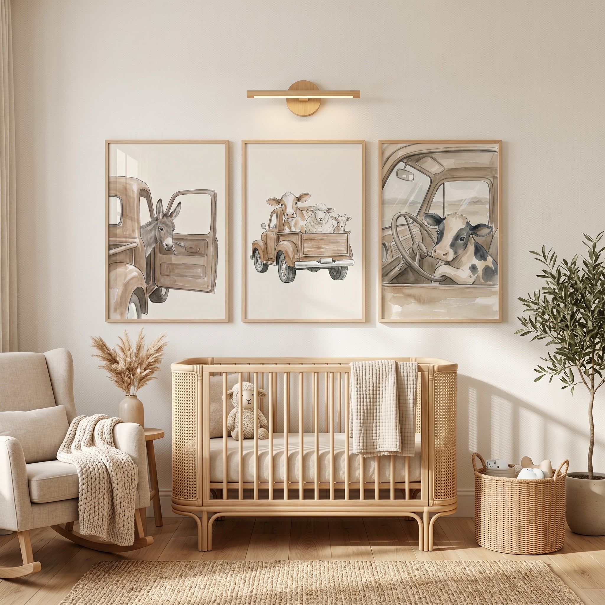 Neutral Watercolor Truck Animals Wall Art Set of 3 - Barnyard Road Trip