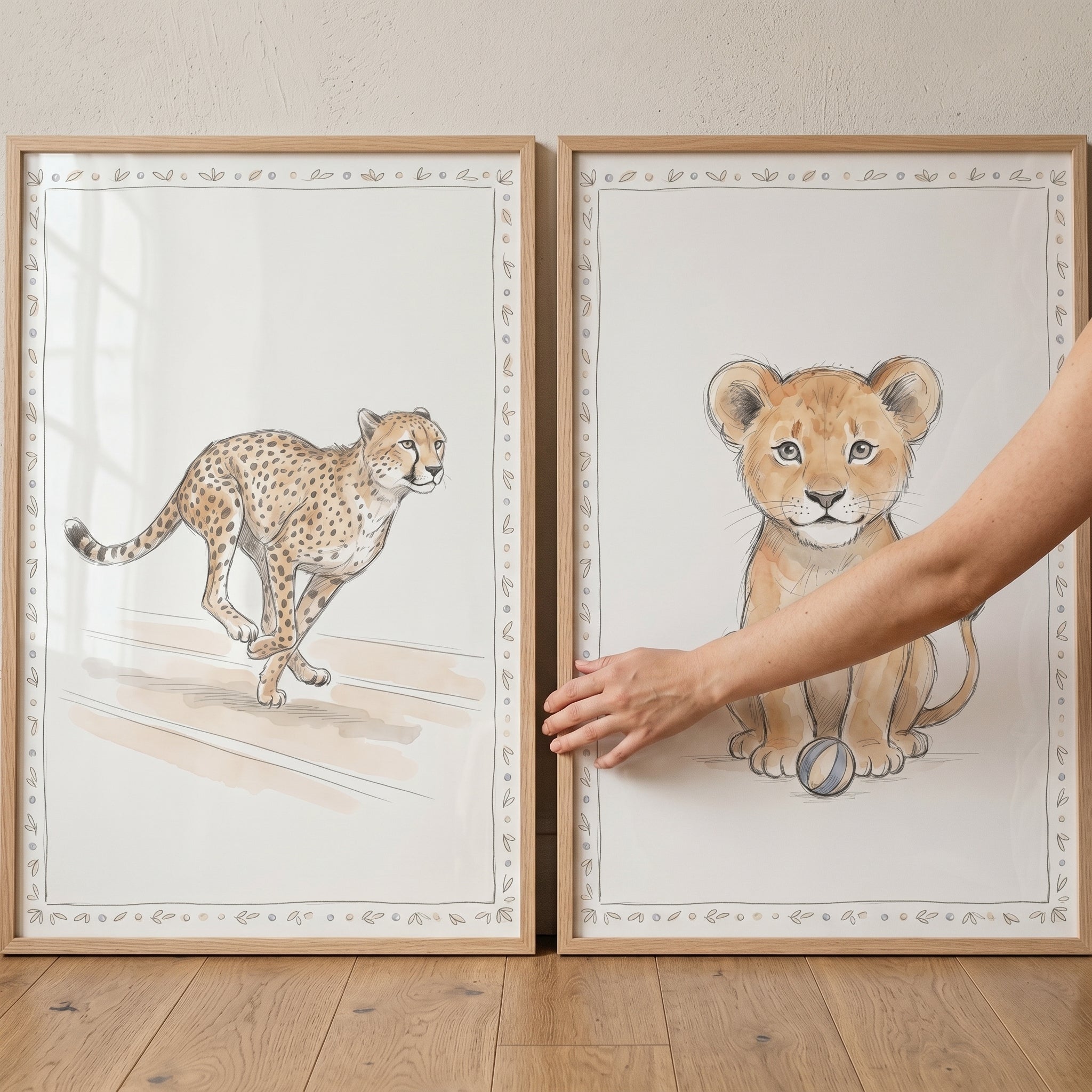 Neutral Watercolor Wild Cat Wall Art Set of 2 - Little Jungle Paws