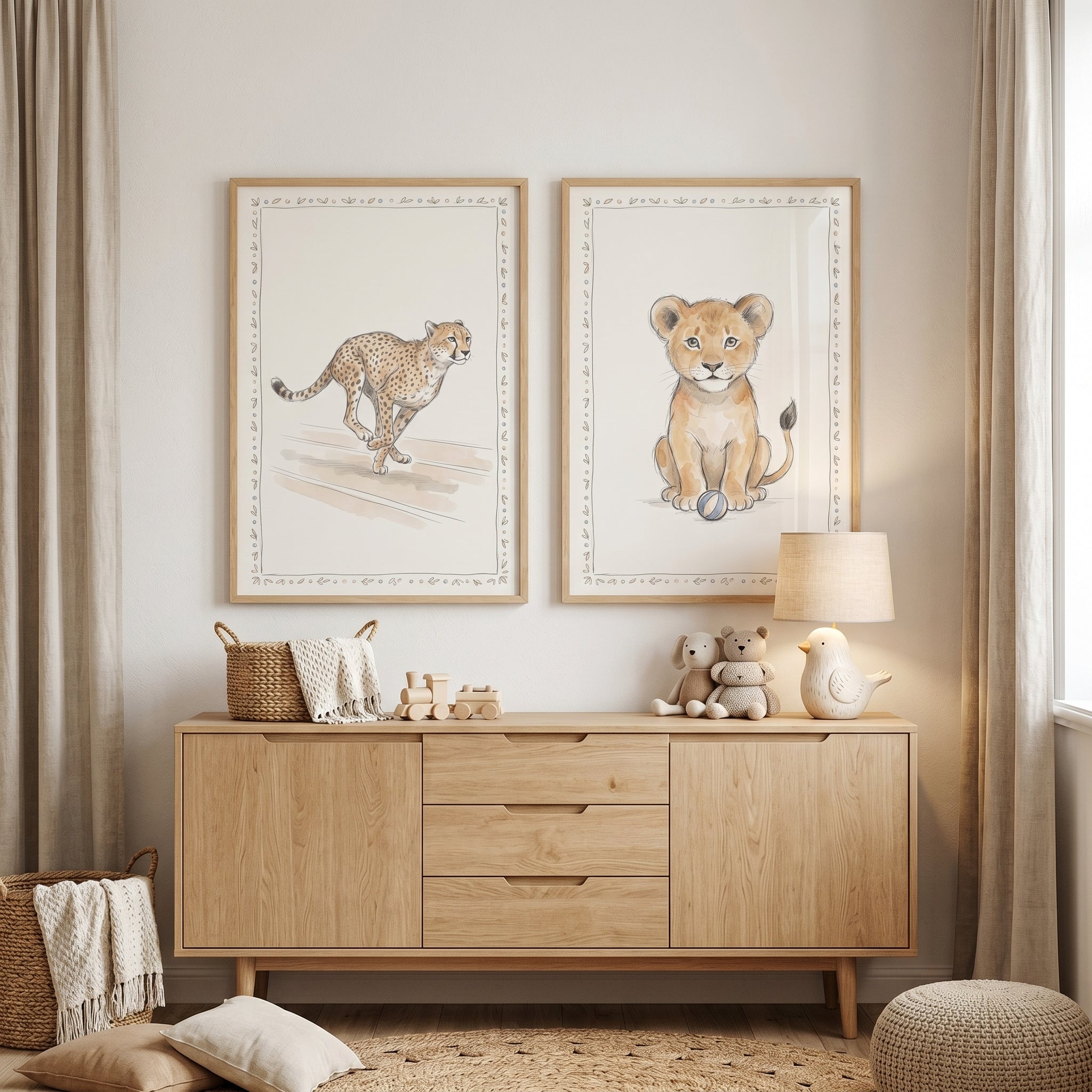 Neutral Watercolor Wild Cat Wall Art Set of 2 - Little Jungle Paws